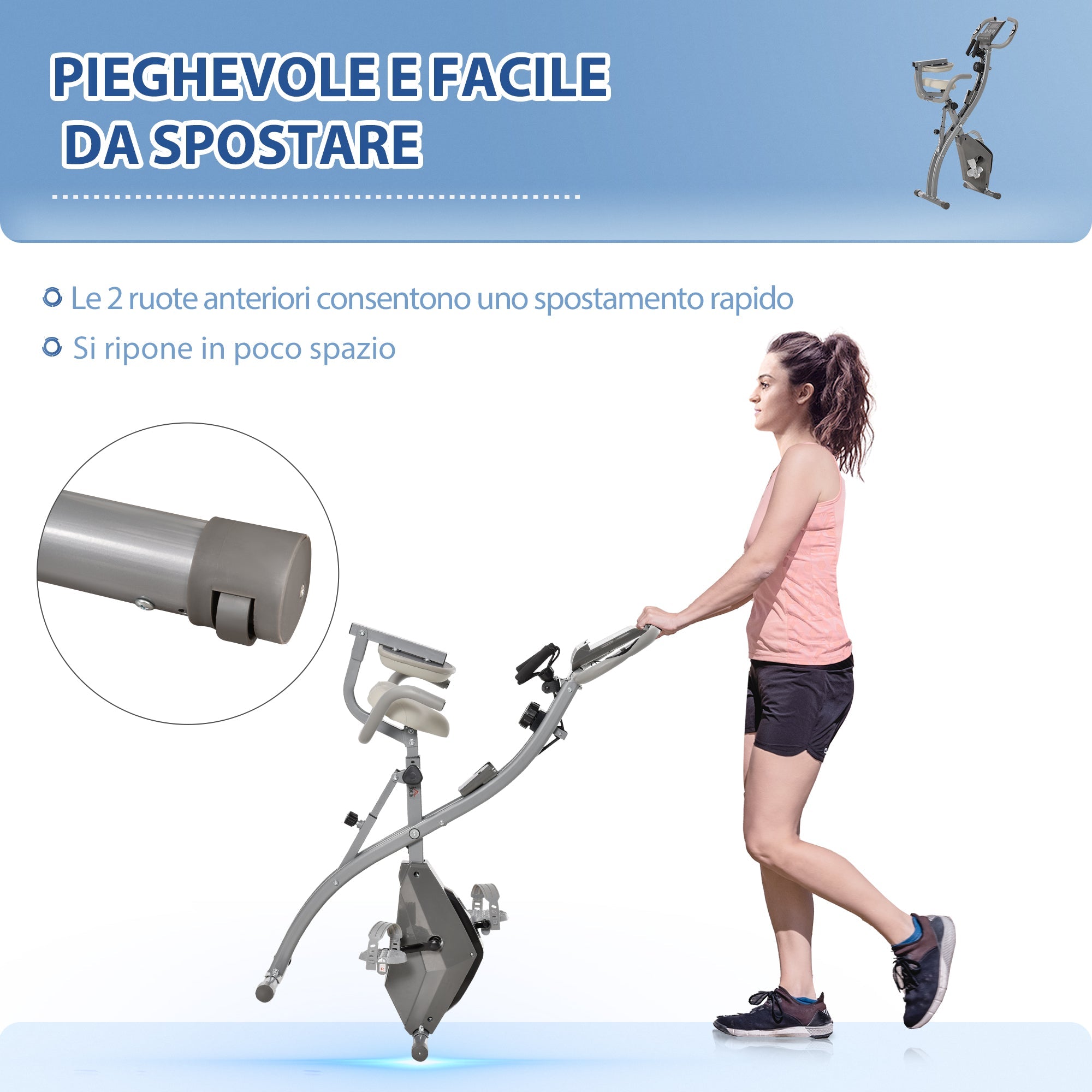 Easycomfort Cyclette Pieghevole 2 in 1, Resistenza Magnetica Regolabile 8 Livelli, Bici da Fitness with Sensore di Frequenza Cardiaca, Elastici per Braccia, Schermo LCD, Volano 2.5kg, Grigio