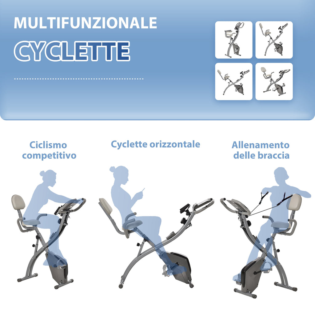 Easycomfort Cyclette Pieghevole 2 in 1, Resistenza Magnetica Regolabile 8 Livelli, Bici da Fitness with Sensore di Frequenza Cardiaca, Elastici per Braccia, Schermo LCD, Volano 2.5kg, Grigio