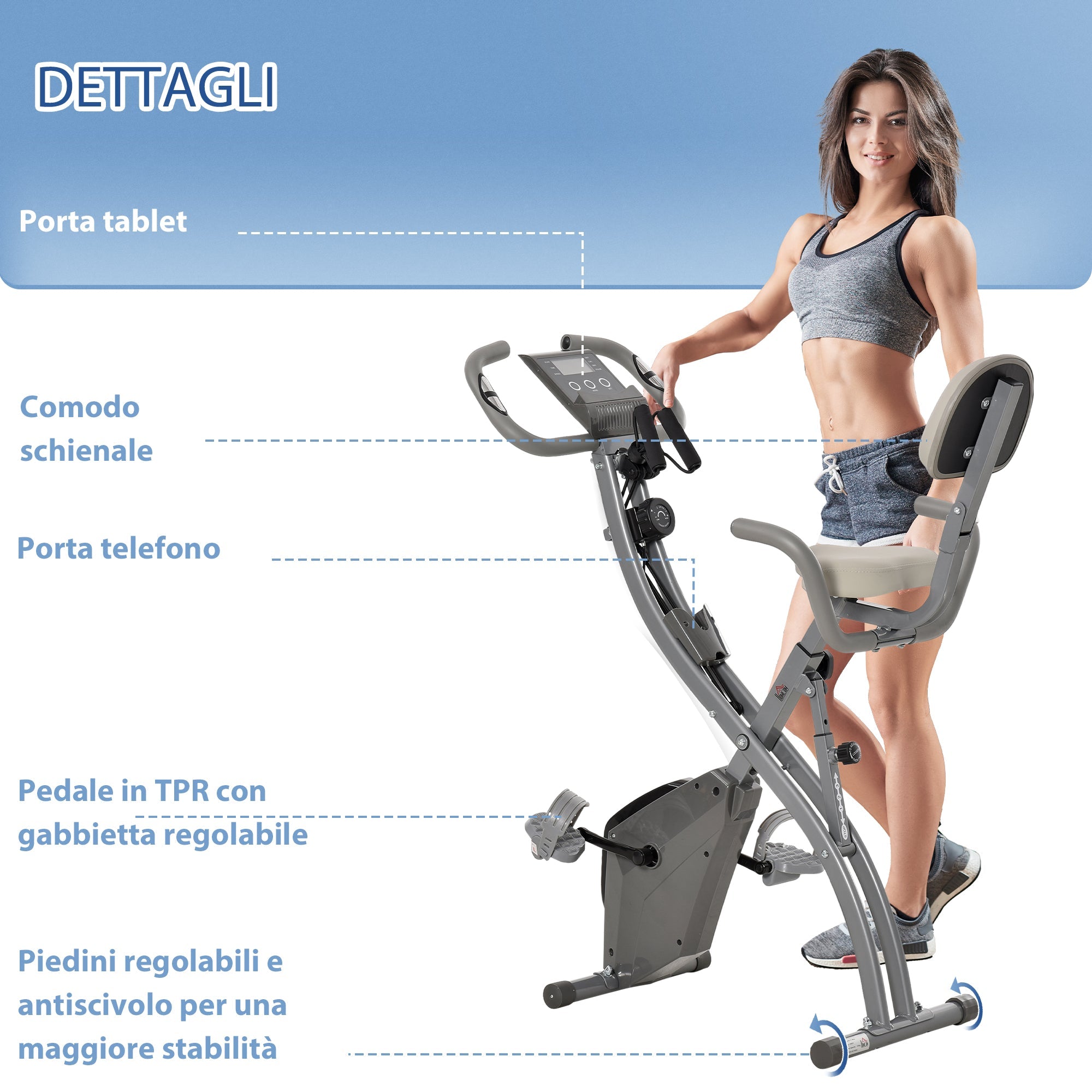 Easycomfort Cyclette Pieghevole 2 in 1, Resistenza Magnetica Regolabile 8 Livelli, Bici da Fitness with Sensore di Frequenza Cardiaca, Elastici per Braccia, Schermo LCD, Volano 2.5kg, Grigio