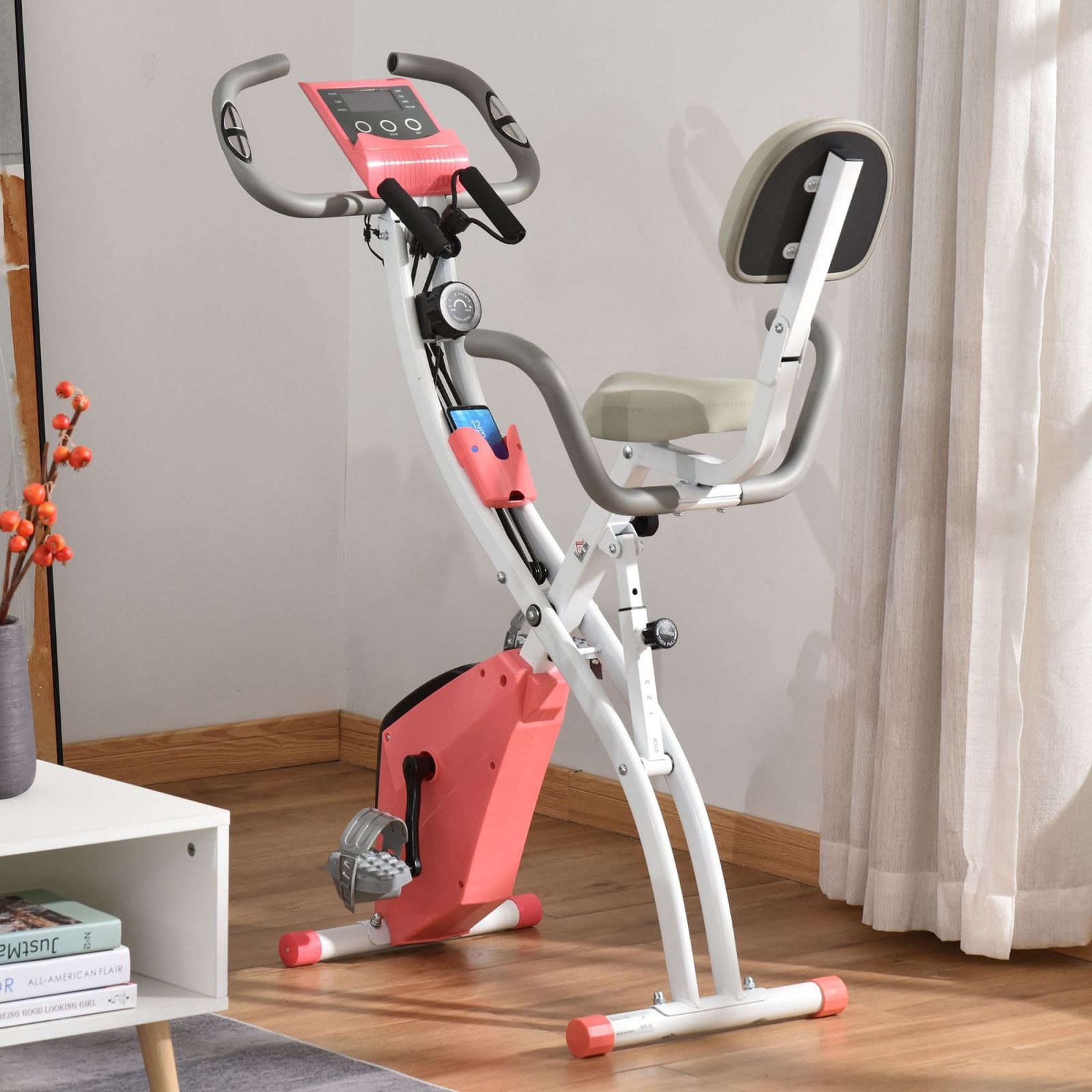 EasyComfort Cyclette Pieghevole 2 in 1, Resistenza Magnetica Regolabile 8 Livelli, Bici da Fitness with Sensore di Frequenza Cardiaca, Elastici per Braccia, Schermo LCD, Volano 2.5kg, Rosa