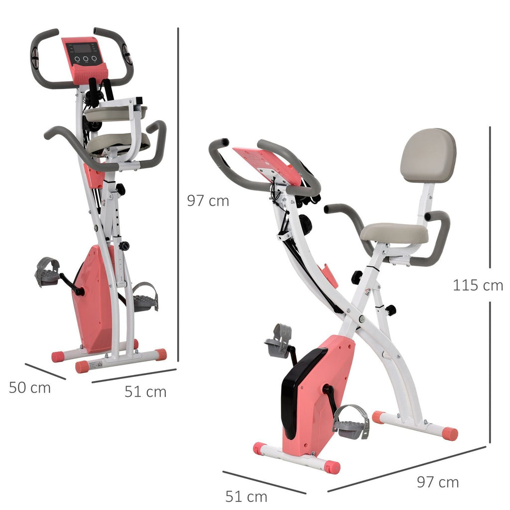 EasyComfort Cyclette Pieghevole 2 in 1, Resistenza Magnetica Regolabile 8 Livelli, Bici da Fitness with Sensore di Frequenza Cardiaca, Elastici per Braccia, Schermo LCD, Volano 2.5kg, Rosa