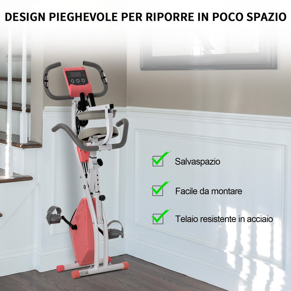 EasyComfort Cyclette Pieghevole 2 in 1, Resistenza Magnetica Regolabile 8 Livelli, Bici da Fitness with Sensore di Frequenza Cardiaca, Elastici per Braccia, Schermo LCD, Volano 2.5kg, Rosa