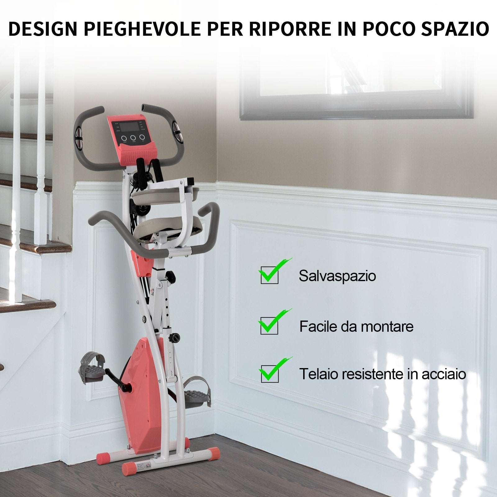 EasyComfort Cyclette Pieghevole 2 in 1, Resistenza Magnetica Regolabile 8 Livelli, Bici da Fitness with Sensore di Frequenza Cardiaca, Elastici per Braccia, Schermo LCD, Volano 2.5kg, Rosa