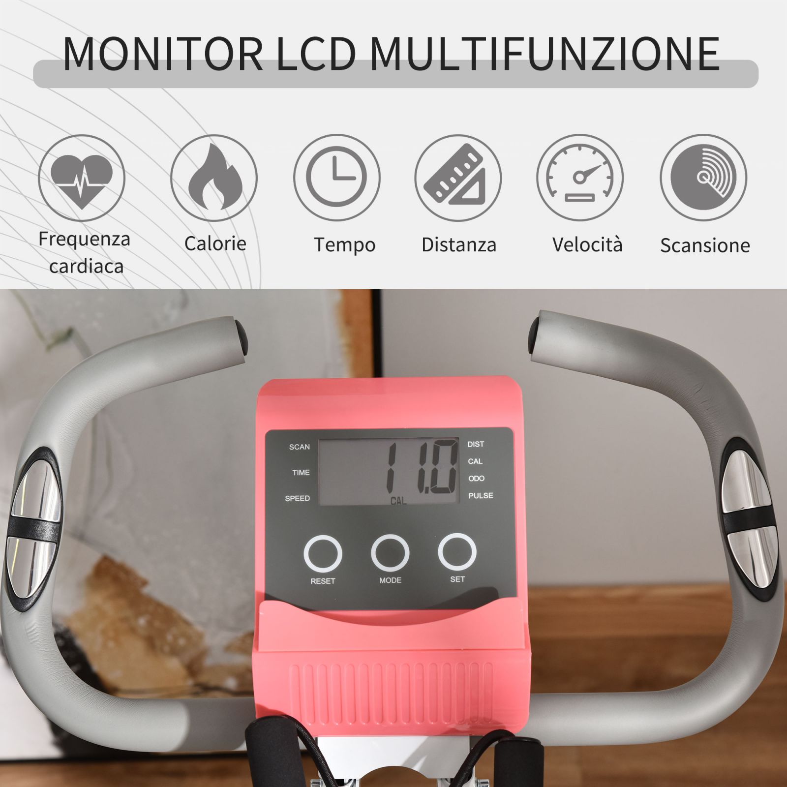 EasyComfort Cyclette Pieghevole 2 in 1, Resistenza Magnetica Regolabile 8 Livelli, Bici da Fitness with Sensore di Frequenza Cardiaca, Elastici per Braccia, Schermo LCD, Volano 2.5kg, Rosa