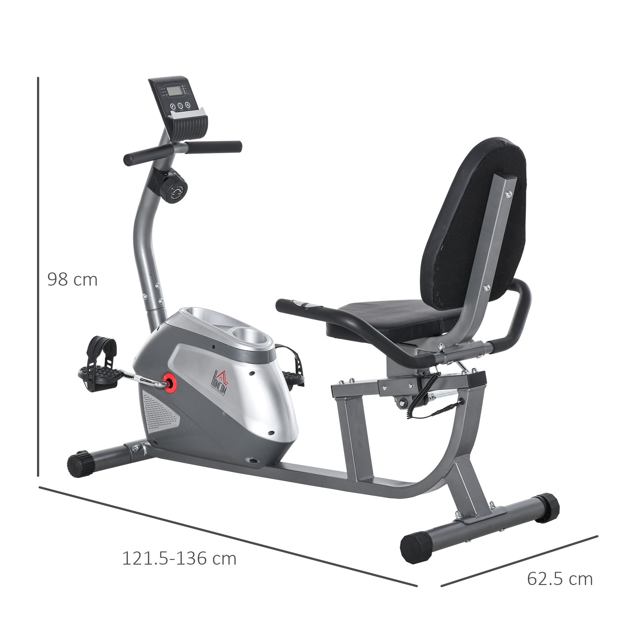Easycomfort Cyclette Orizzontale with Seduta Regolabile, 8 Resistenze e Monitor LCD, 121.5-136x62.5x98cm, Grigio