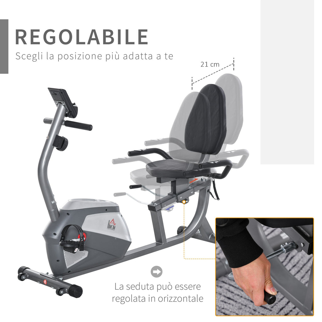 Easycomfort Cyclette Orizzontale with Seduta Regolabile, 8 Resistenze e Monitor LCD, 121.5-136x62.5x98cm, Grigio