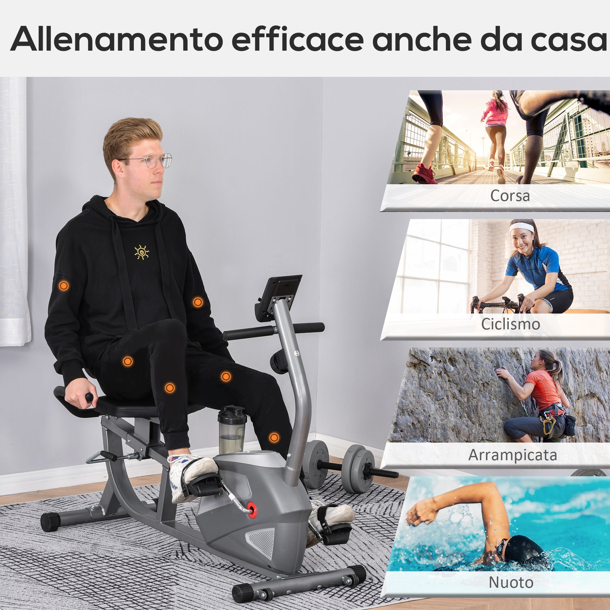 Easycomfort Cyclette Orizzontale with Seduta Regolabile, 8 Resistenze e Monitor LCD, 121.5-136x62.5x98cm, Grigio