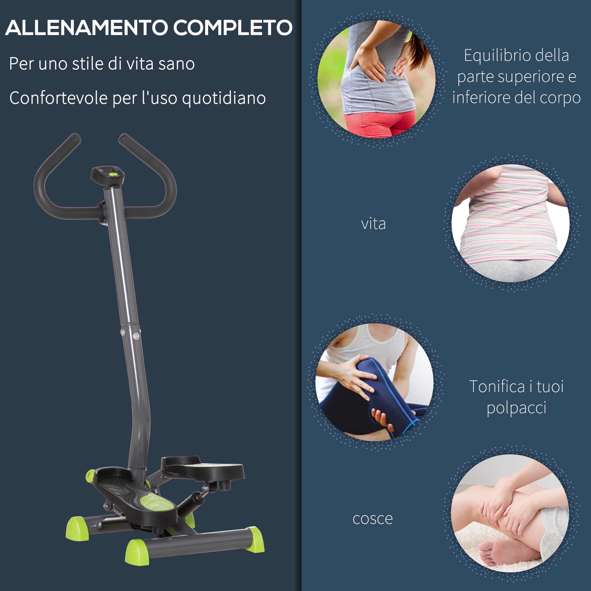 Easycomfort Stepper with Manubrio e Monitor LCD, Pedali Antiscivolo e Struttura in Acciaio e ABS, 55x44x108Acm, Grigio e Verde