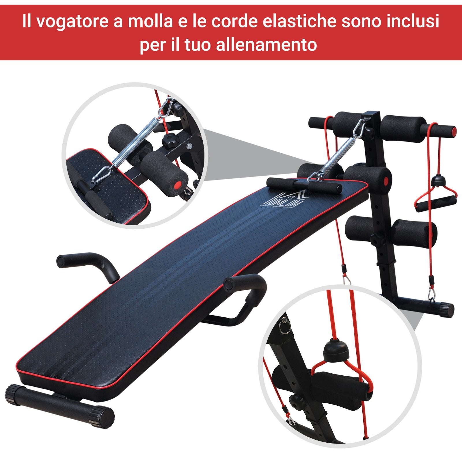 Easycomfort Panca Multifunzione per Allenamento a Casa, Panca Addominali Inclinazione with Vogatore a molla e Schienale Regolabile e 2 Corde Elastiche, 55.5 x 137.5 cm black