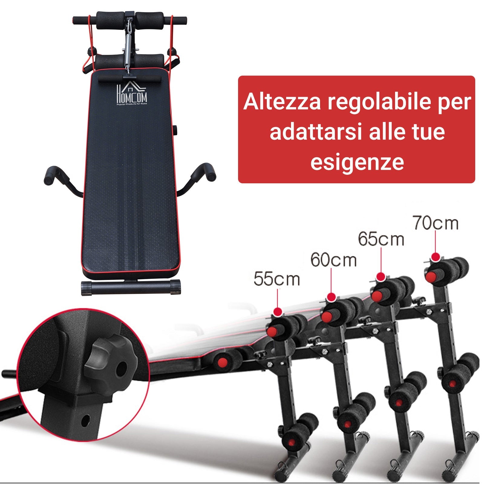 Easycomfort Panca Multifunzione per Allenamento a Casa, Panca Addominali Inclinazione with Vogatore a molla e Schienale Regolabile e 2 Corde Elastiche, 55.5 x 137.5 cm black