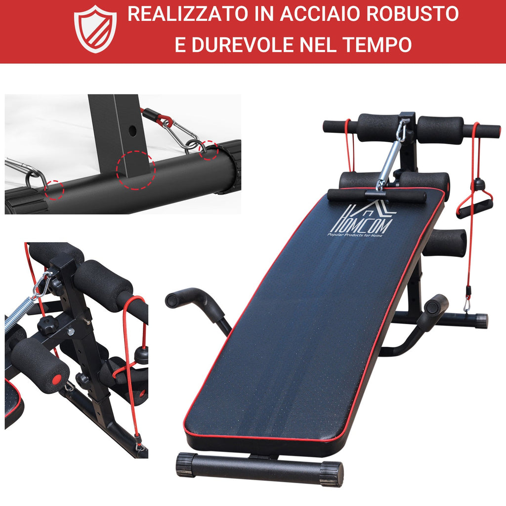 Easycomfort Panca Multifunzione per Allenamento a Casa, Panca Addominali Inclinazione with Vogatore a molla e Schienale Regolabile e 2 Corde Elastiche, 55.5 x 137.5 cm black