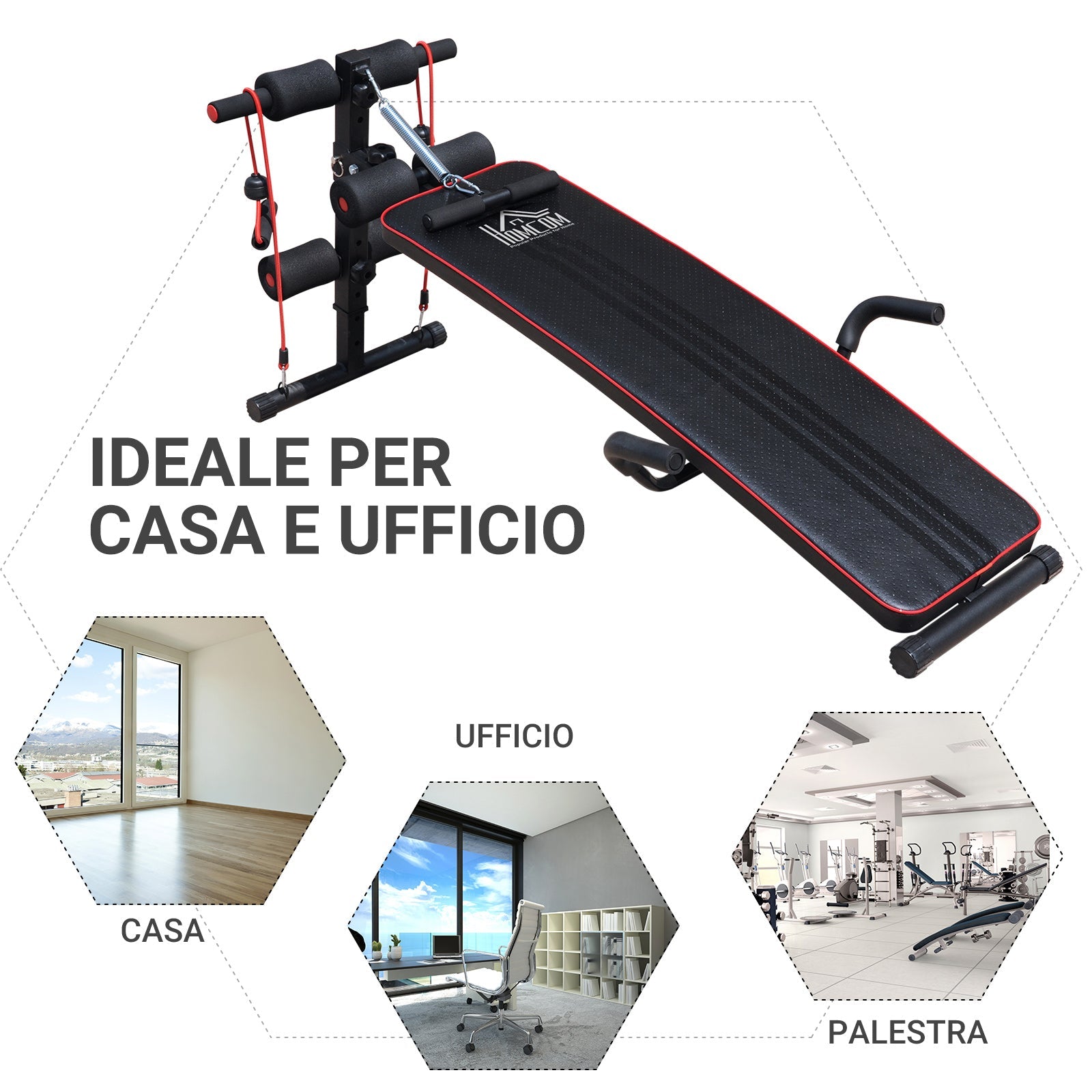 Easycomfort Panca Multifunzione per Allenamento a Casa, Panca Addominali Inclinazione with Vogatore a molla e Schienale Regolabile e 2 Corde Elastiche, 55.5 x 137.5 cm black