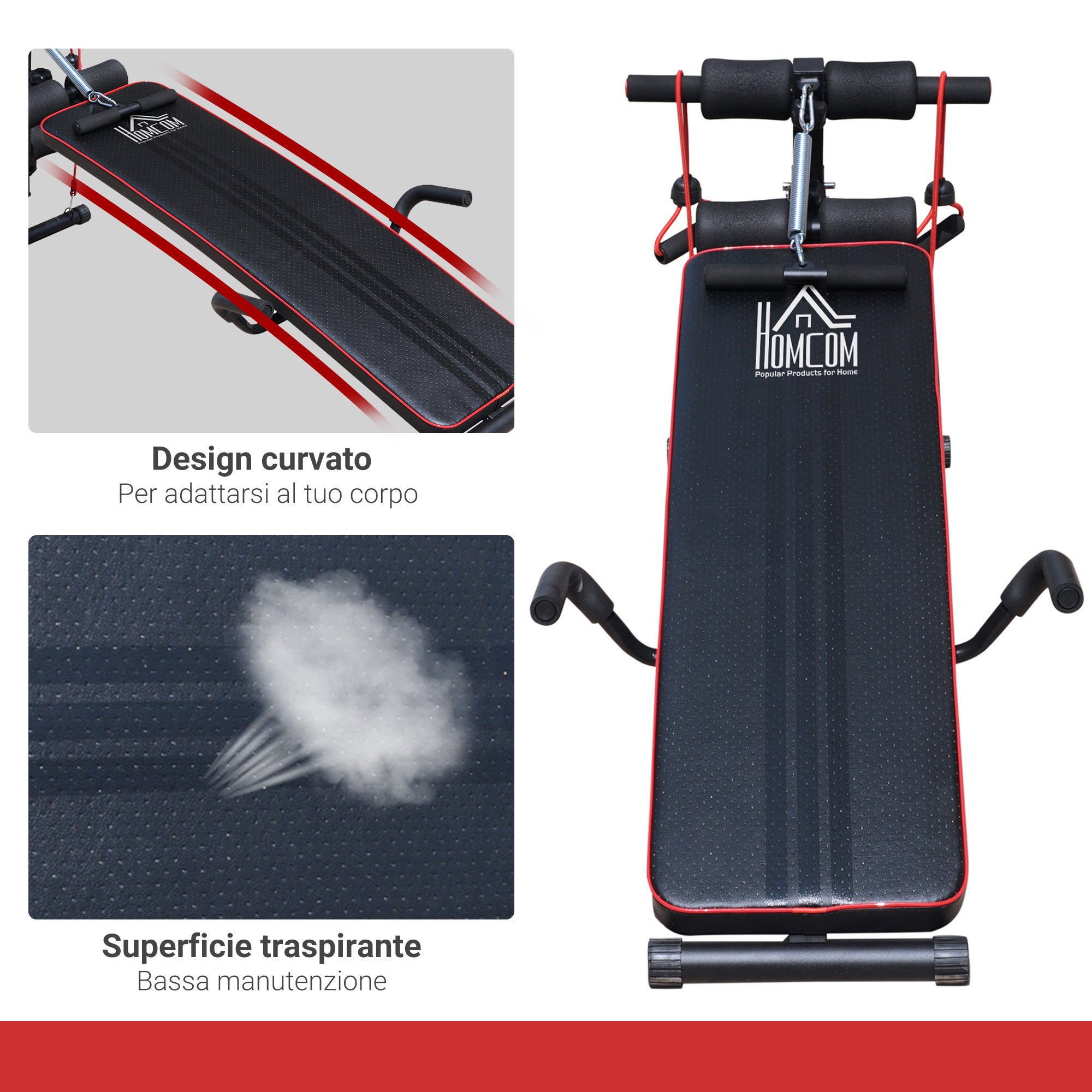 Easycomfort Panca Multifunzione per Allenamento a Casa, Panca Addominali Inclinazione with Vogatore a molla e Schienale Regolabile e 2 Corde Elastiche, 55.5 x 137.5 cm black