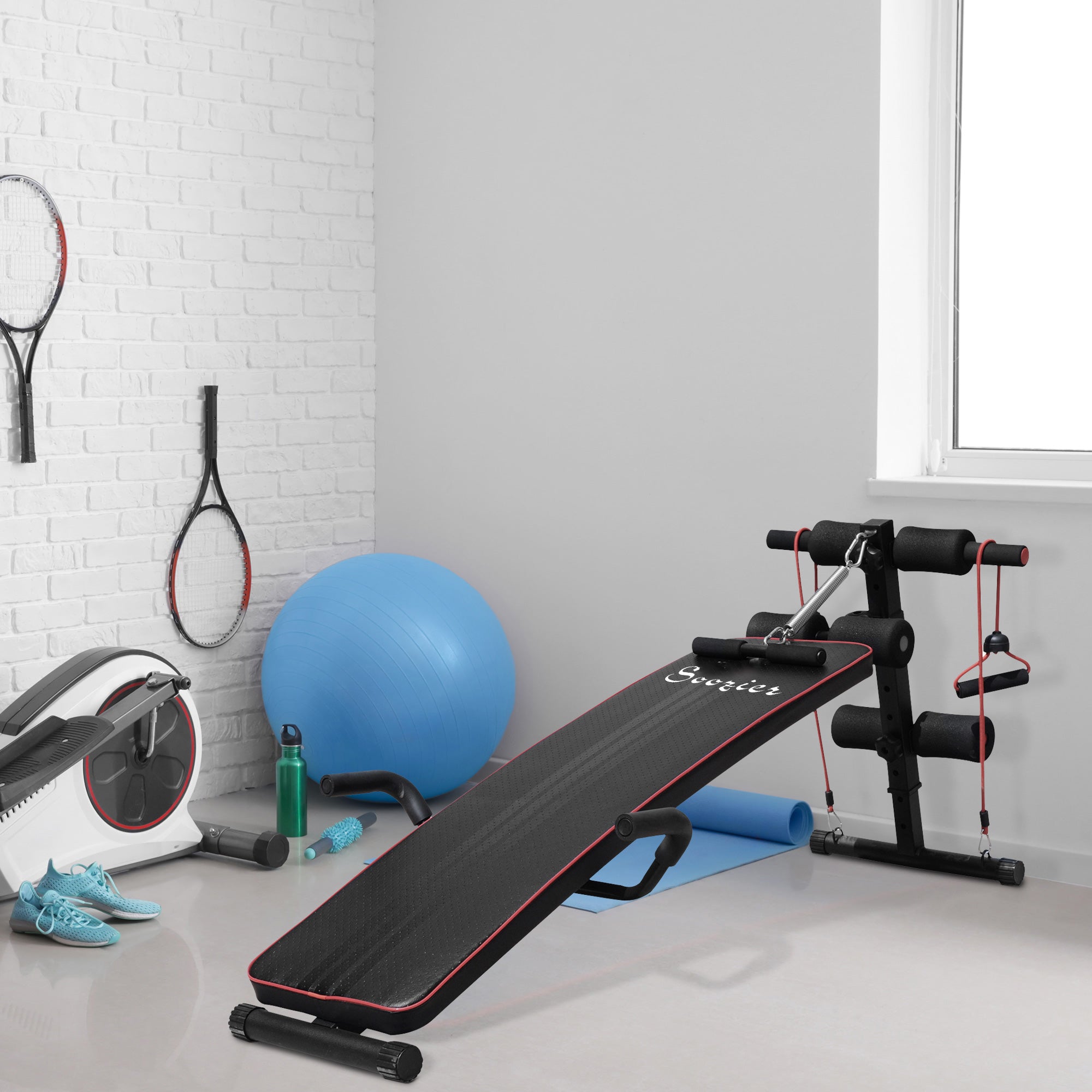 Easycomfort Panca Multifunzione per Allenamento a Casa, Panca Addominali Inclinazione with Vogatore a molla e Schienale Regolabile e 2 Corde Elastiche, 55.5 x 137.5 cm black