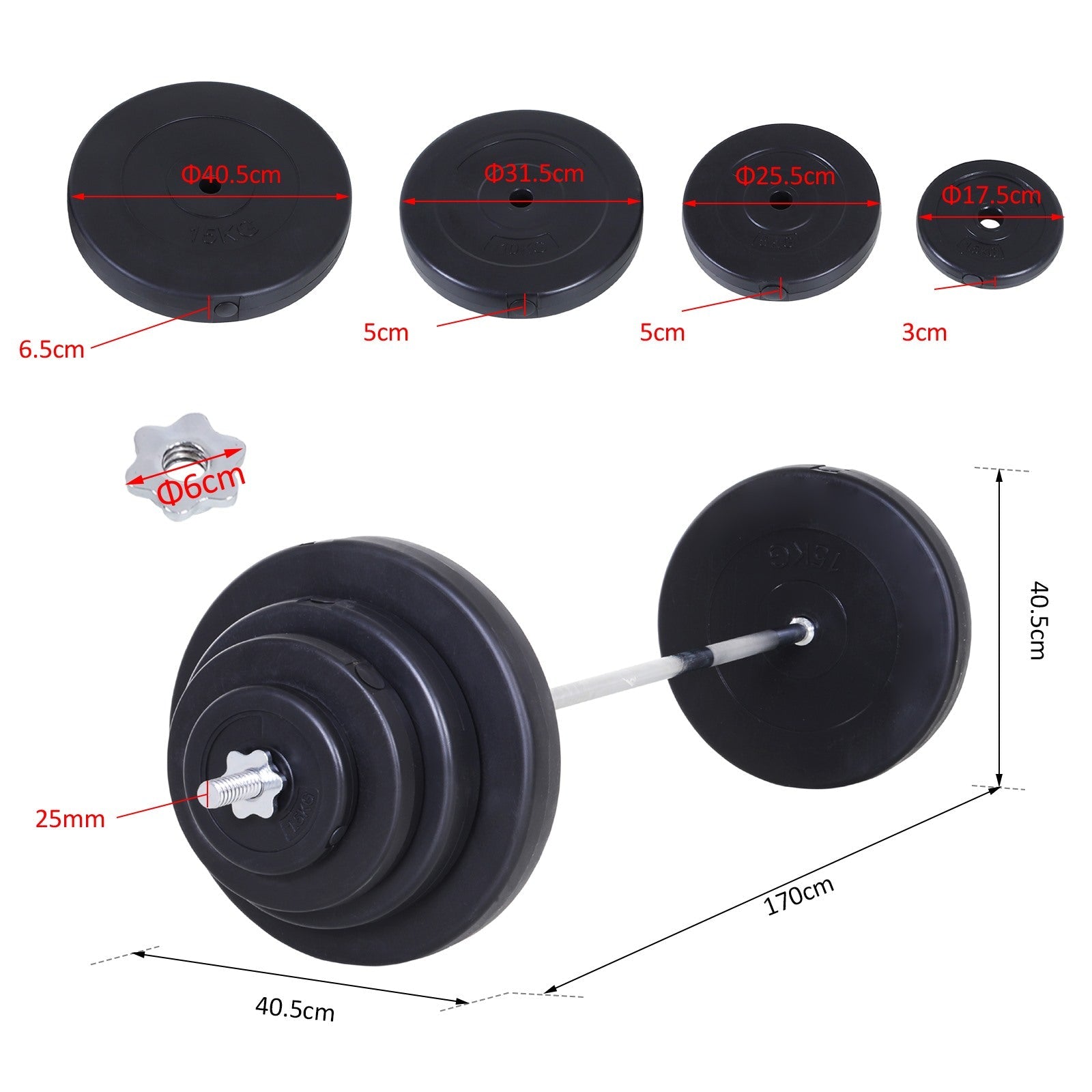 Easycomfort Set Bilanciere e Dischi 70kg, 8 Dischi Pesi Rivestiti in Plastica e Barra in Ferro, 170x40.5x40.5cm black