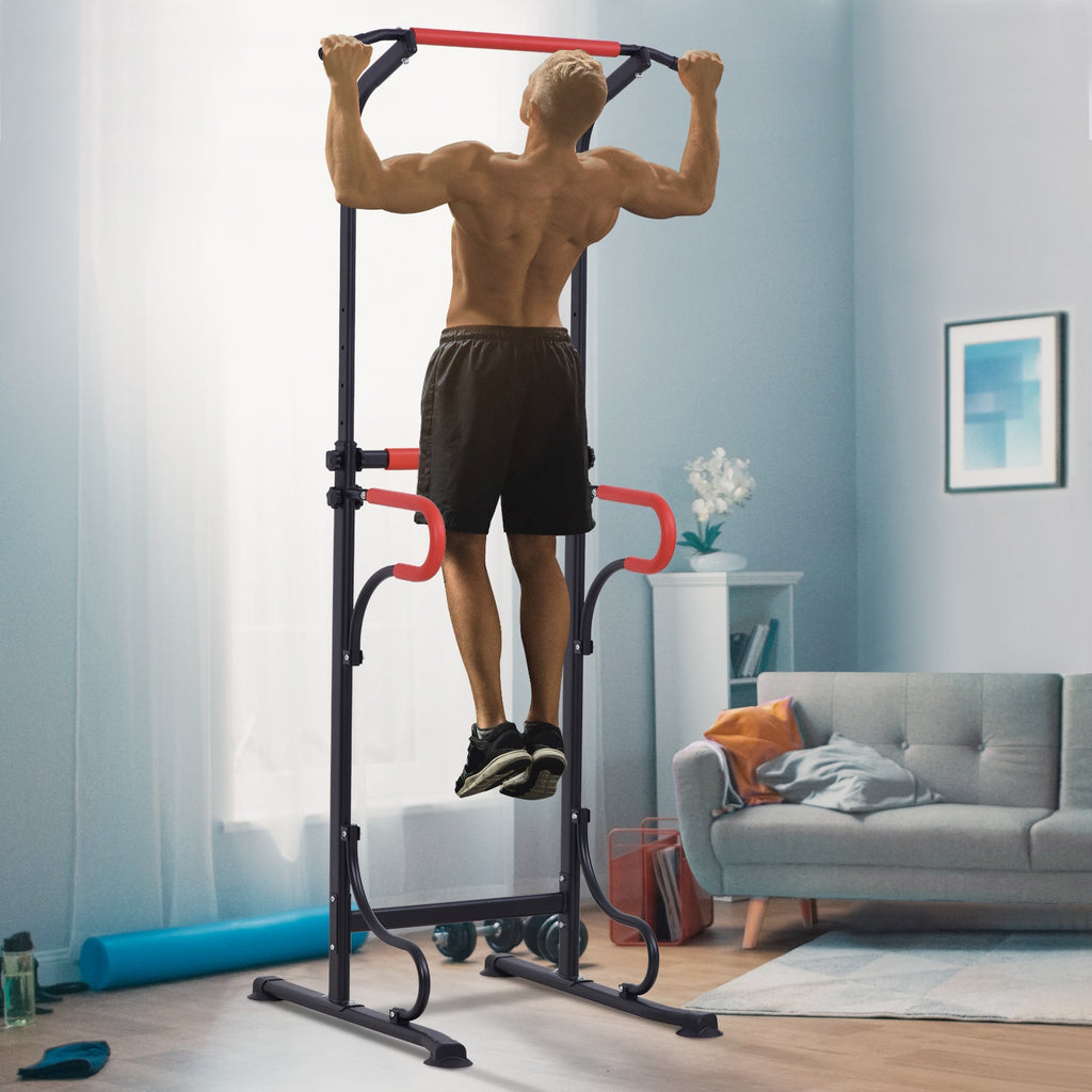 Easycomfort Barra per Trazioni Power Tower Stazione Fitness Multifunzione with Altezza Regolabile 171-219cm black Rosso