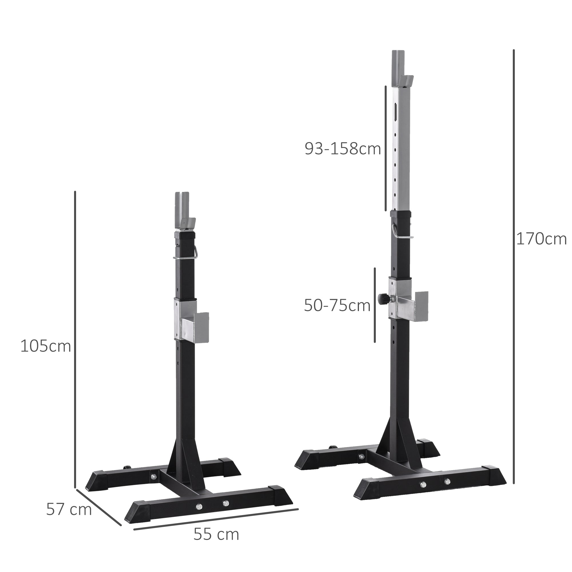 EASYCOMFORT Set of 2 Steel Barbell Racks, 2 Hooks with Adjustable Height, Capacity 150kg, 55x57x105-170cm, Black