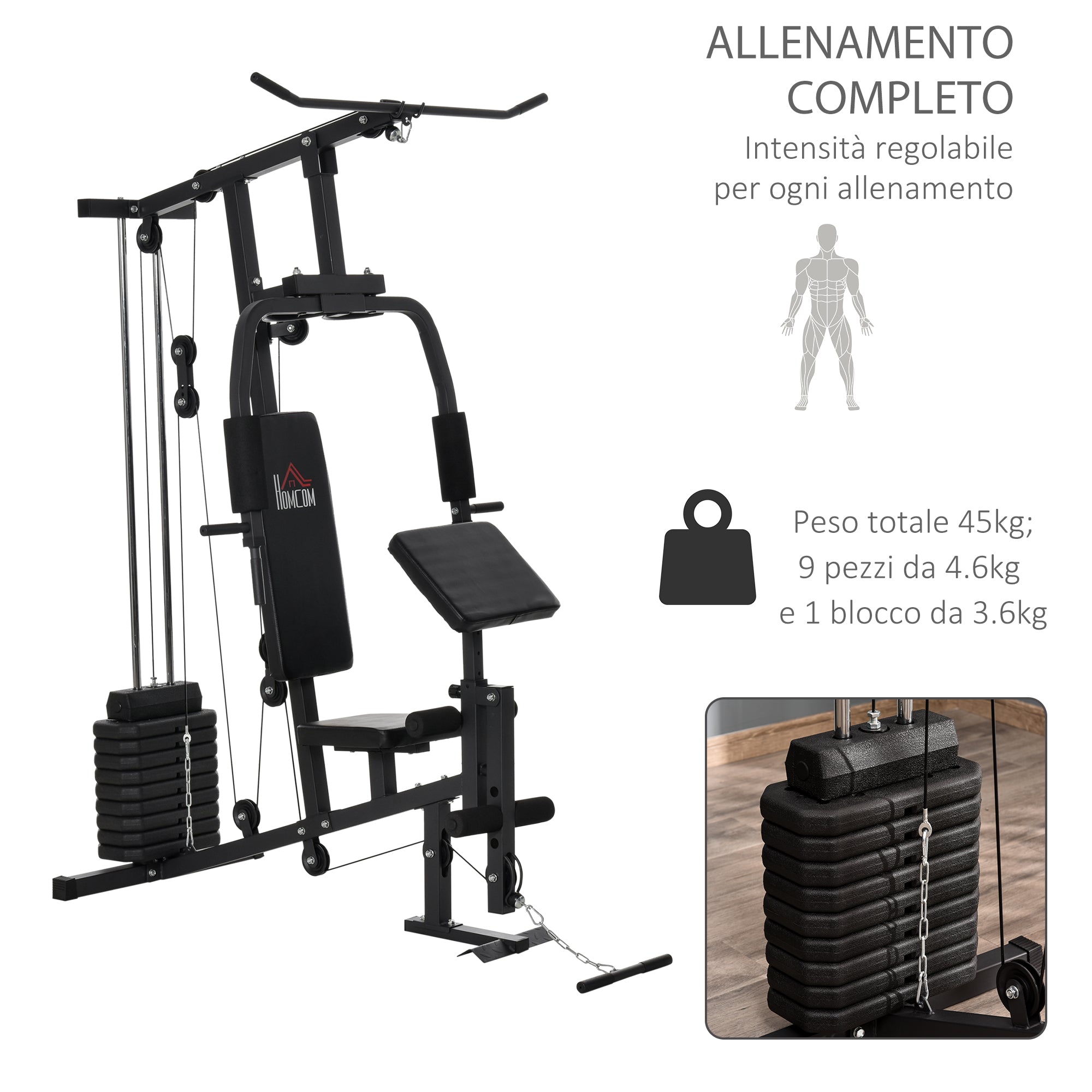 Easycomfort Stazione Fitness Multifunzione per Allenamento a Casa e Professionale in Acciaio, 148x108x207 cm, black