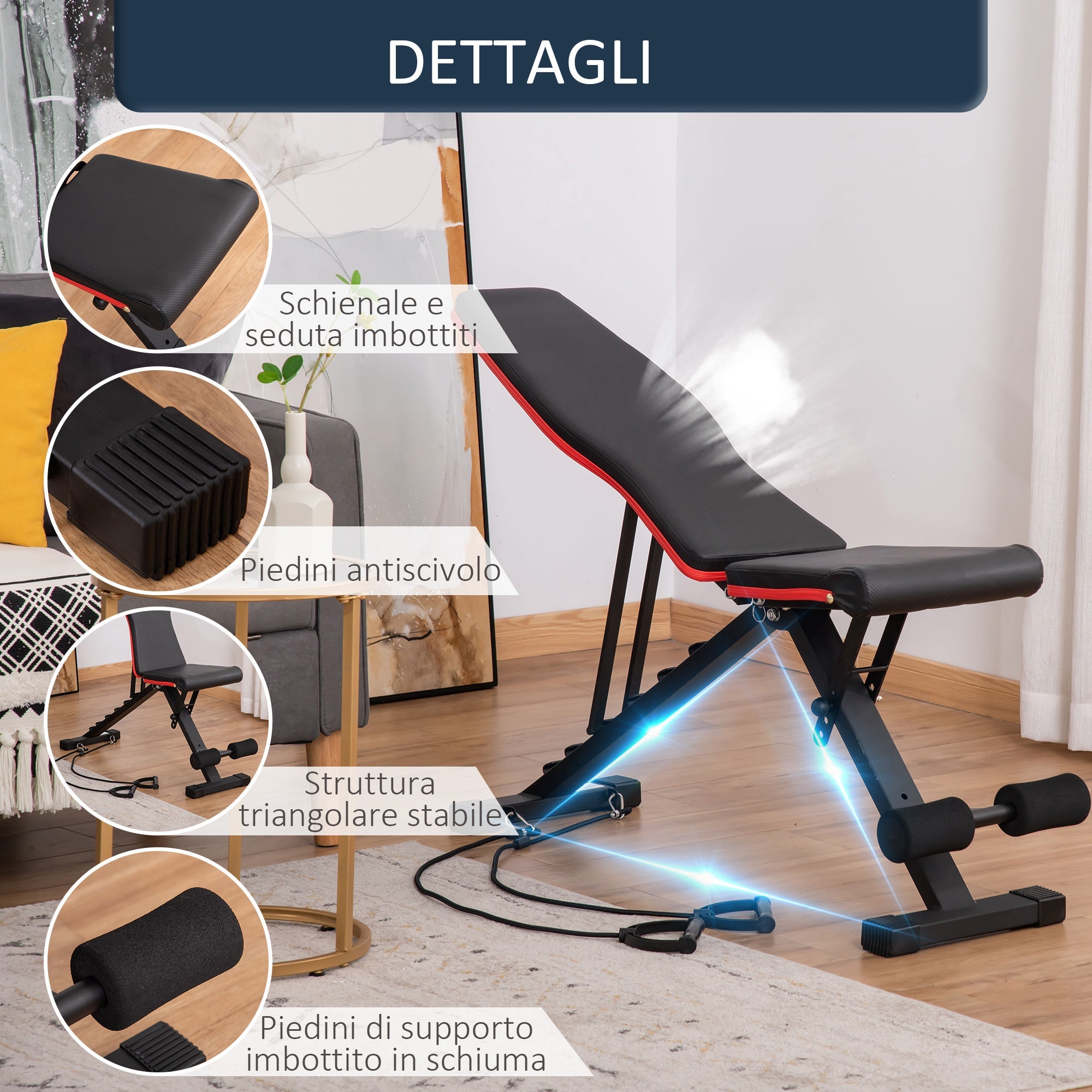 Easycomfort Panca Multifunzione per Addominali e Pesi, Inclinazione Regolabile ed Elastici, 130x48x48-109cm, black