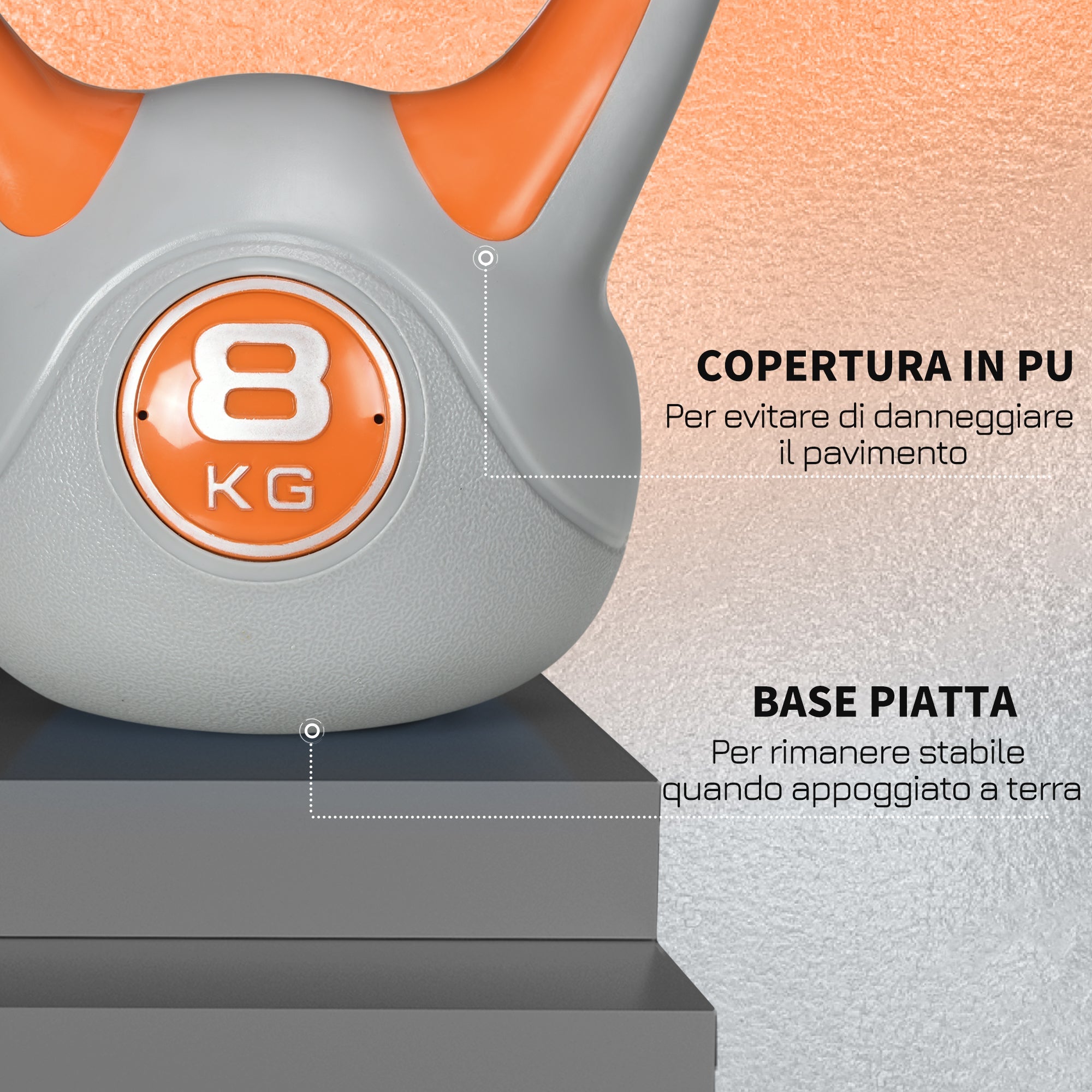 Easycomfort Kettlebell 8kg in PU e Sabbia with Base Piatta e Impugnatura per Stacchi, Squat e Sollevamenti, 20x14x24 cm, Arancione