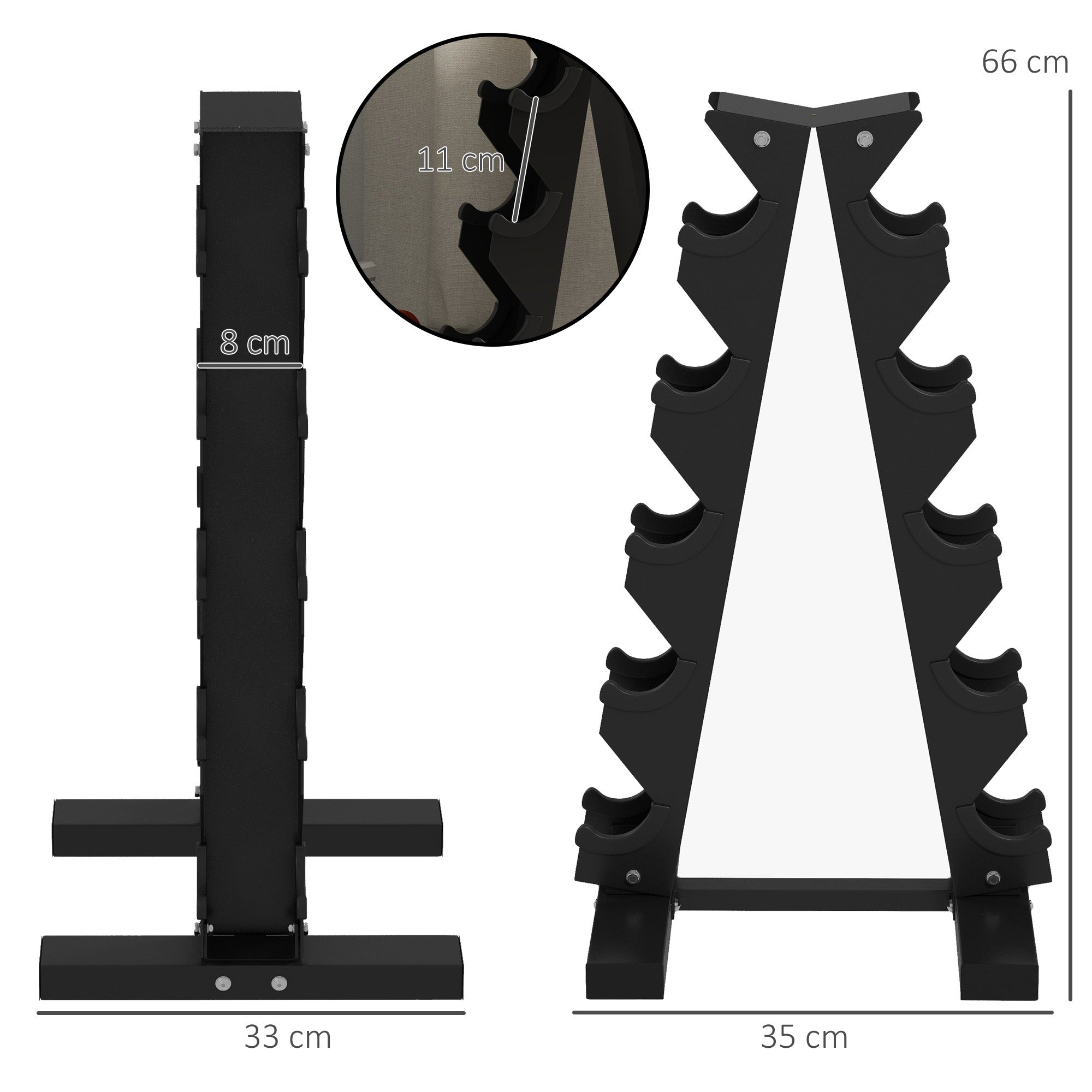 EASYCOMFORT 5-Tier Steel Dumbbell Rack with Plastic Inserts, 35x33x66 cm, Black