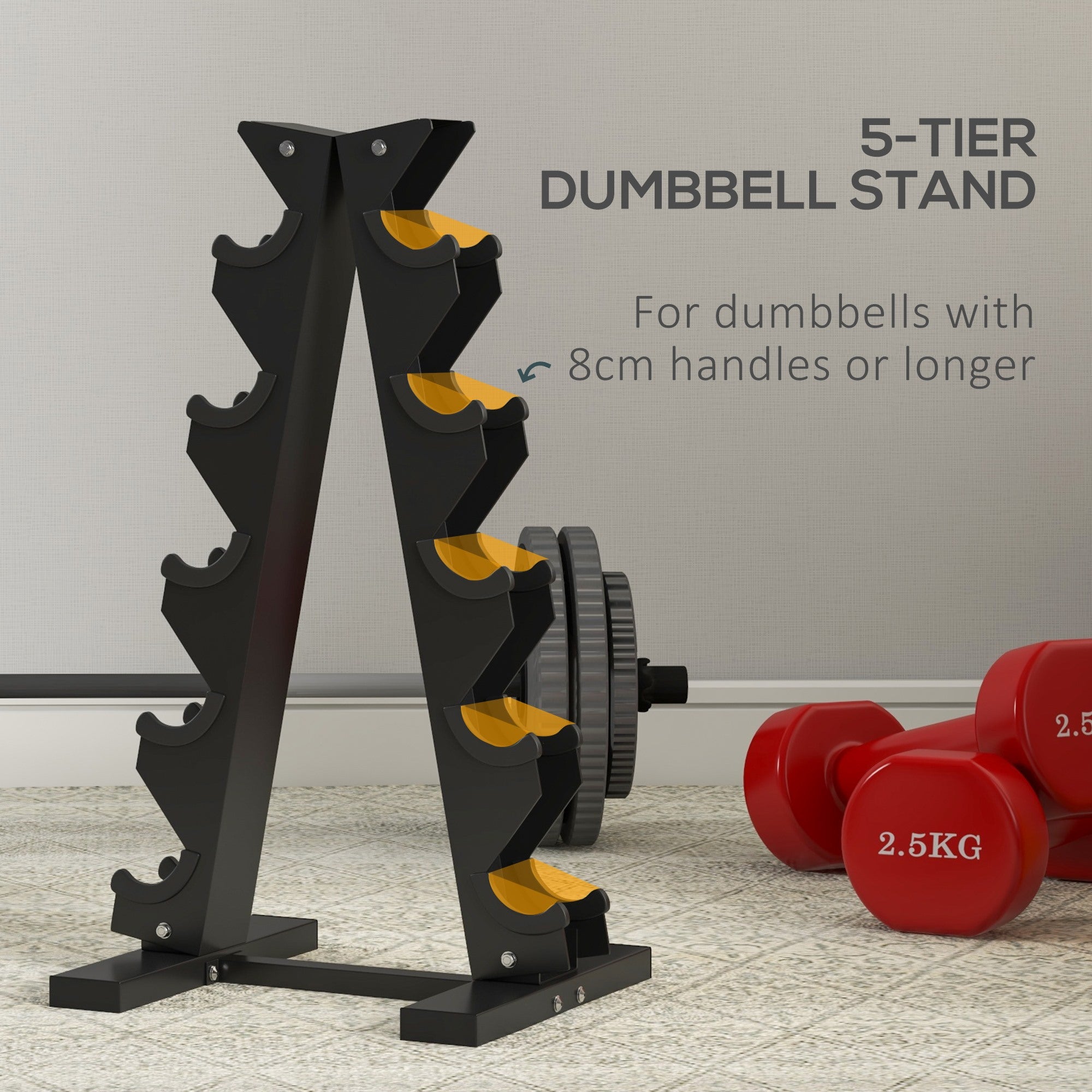 EASYCOMFORT 5-Tier Steel Dumbbell Rack with Plastic Inserts, 35x33x66 cm, Black