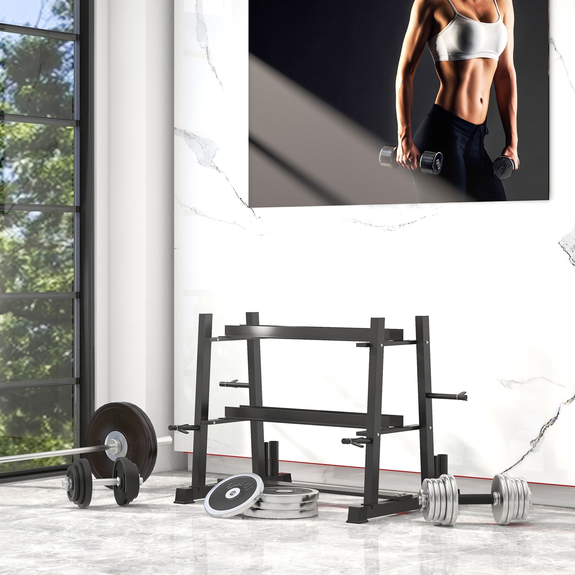 Easycomfort Rastrelliera per Manubri in Acciaio with 4 Aste Regolabili per Pesi e Kettlebell, 131x75x80 cm, black