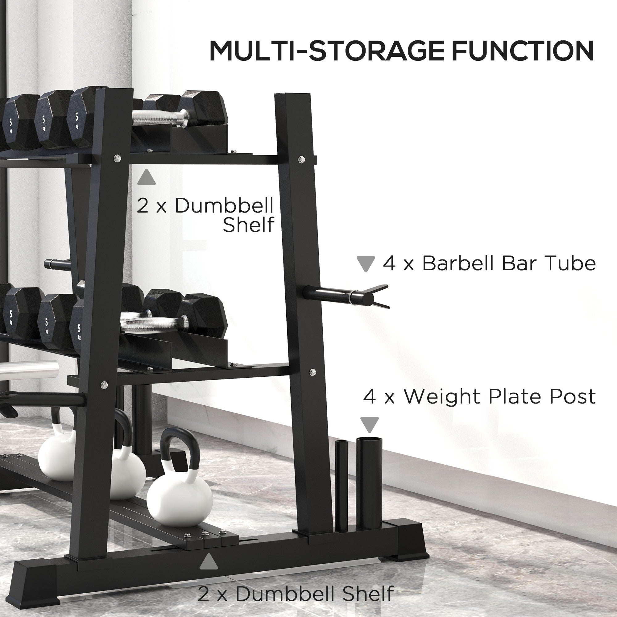 Easycomfort Rastrelliera per Manubri in Acciaio with 4 Aste Regolabili per Pesi e Kettlebell, 131x75x80 cm, black