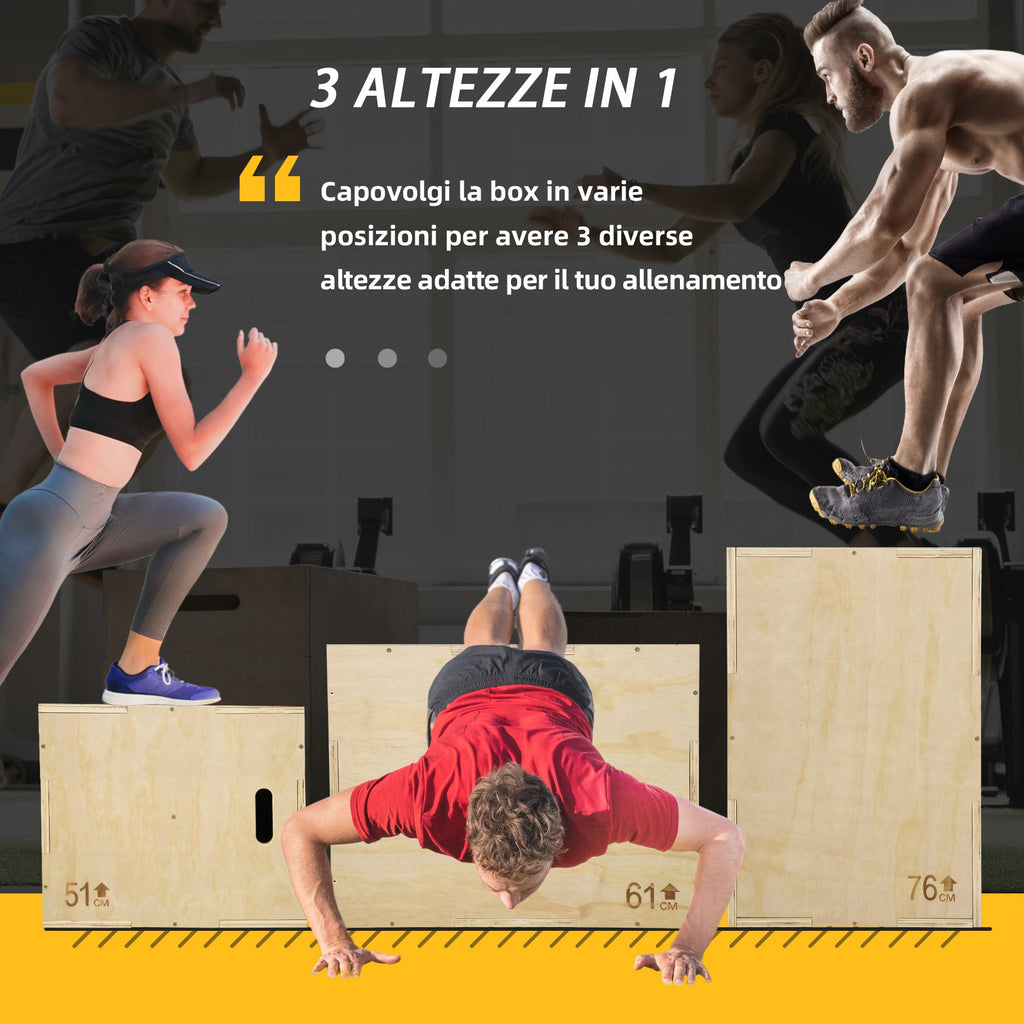 Easycomfort Plyo Box in Legno a 3 Altezze, Jumping Box Pliometrico Capacità 120kg, 61x51x76cm
