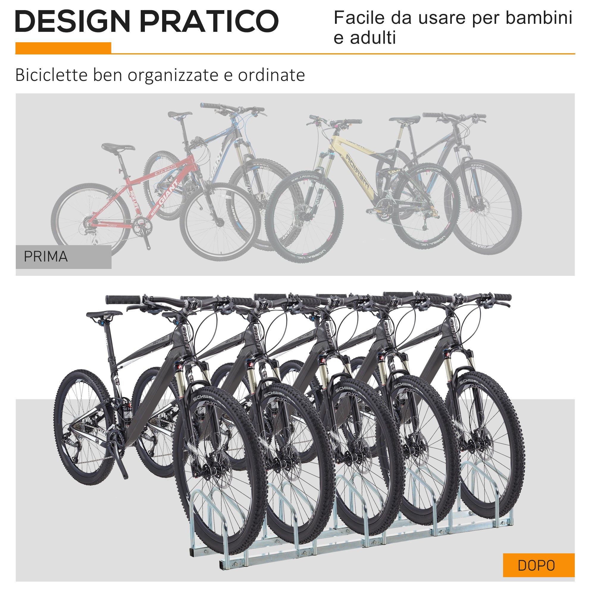 Easycomfort Rastrelliera Portabiciclette Parcheggio per 5 Biciclette in Acciaio, 145×33×27 cm, Argento