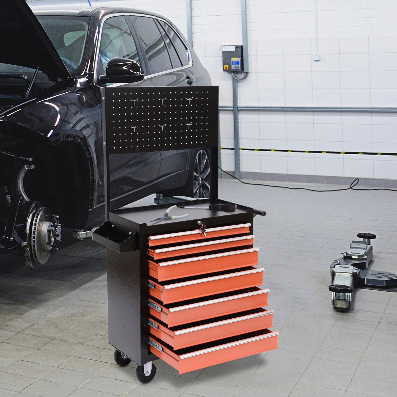 EASYCOMFORT Tool Trolley Tools Equipment with Chest of Drawers 61.5 x 33 x 76cm Black and Orange