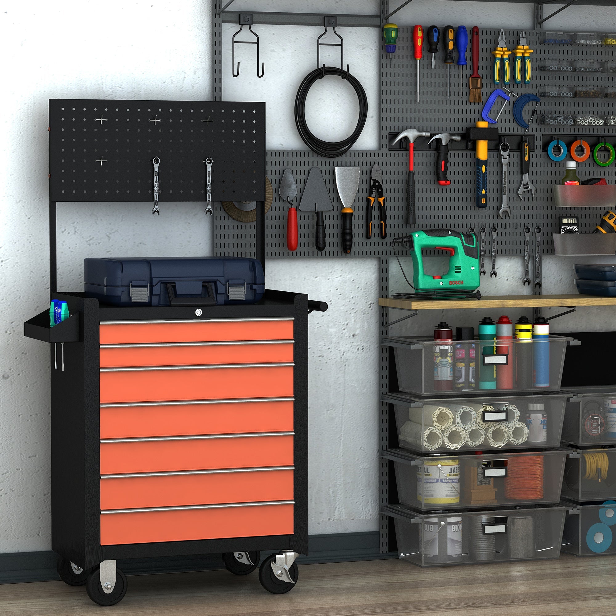 EASYCOMFORT Tool Trolley Tools Equipment with Chest of Drawers 61.5 x 33 x 76cm Black and Orange