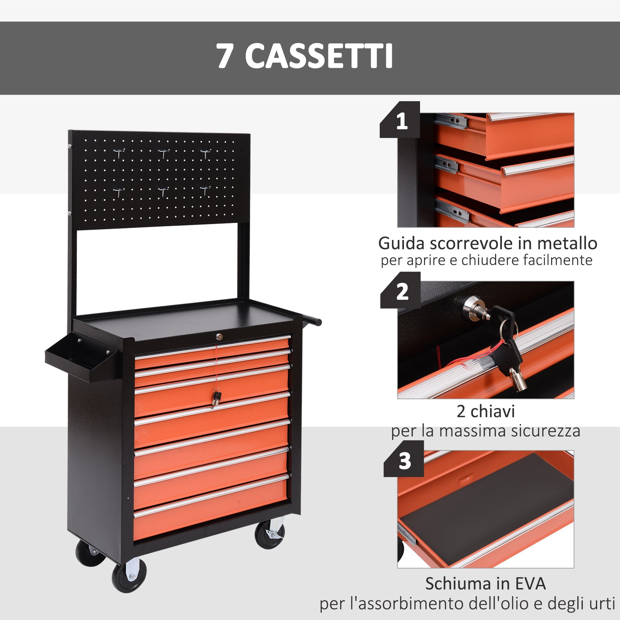EASYCOMFORT Tool Trolley Tools Equipment with Chest of Drawers 61.5 x 33 x 76cm Black and Orange