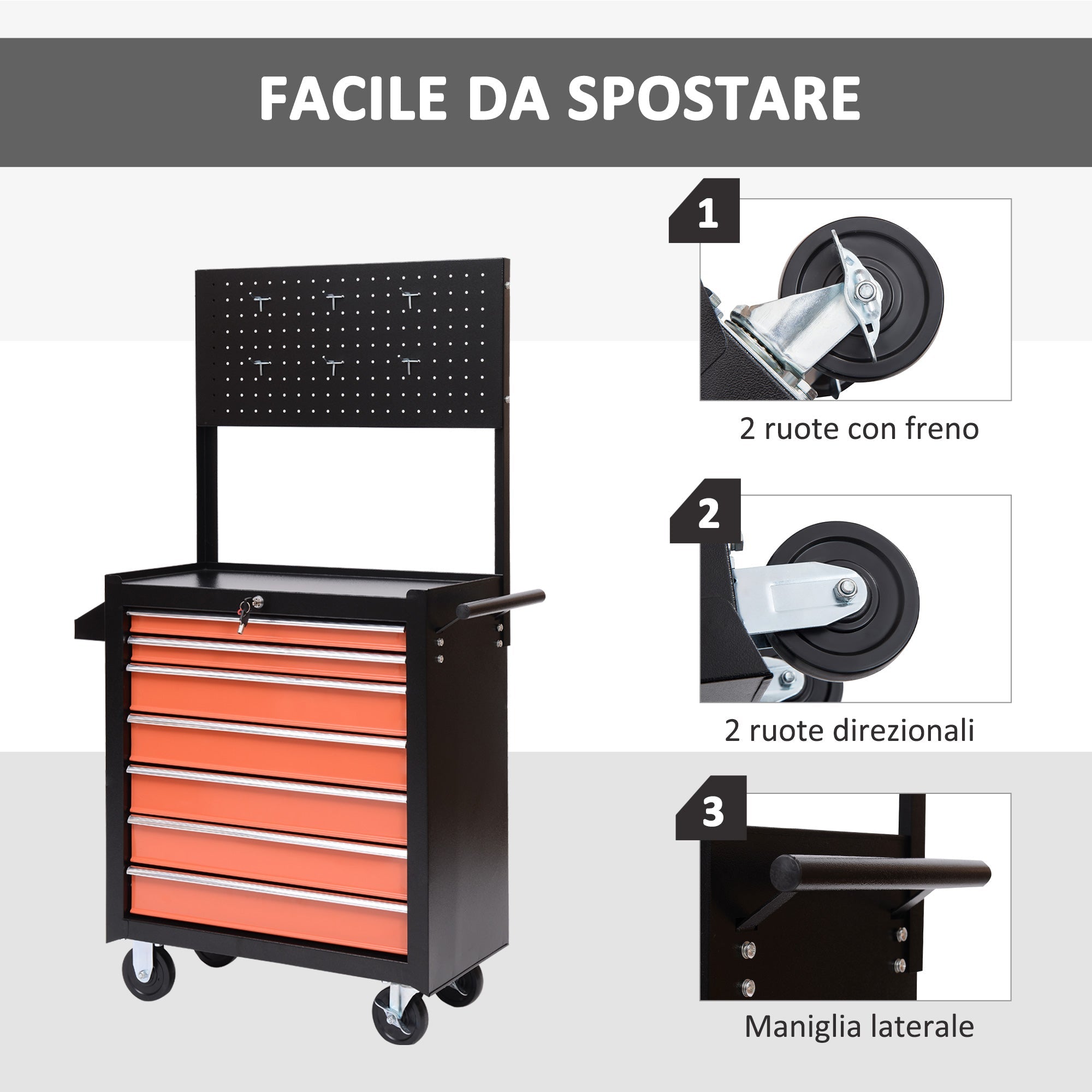 EASYCOMFORT Tool Trolley Tools Equipment with Chest of Drawers 61.5 x 33 x 76cm Black and Orange