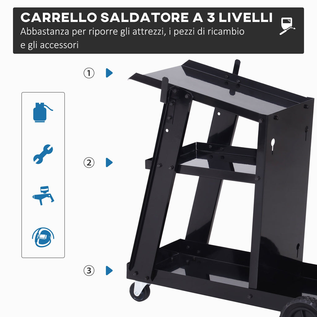 EASYCOMFORT Tool Trolley 3 Shelves 4 Rubber Wheels Max. 50kg Workshop Steel 71 x 70 x 39cm Black