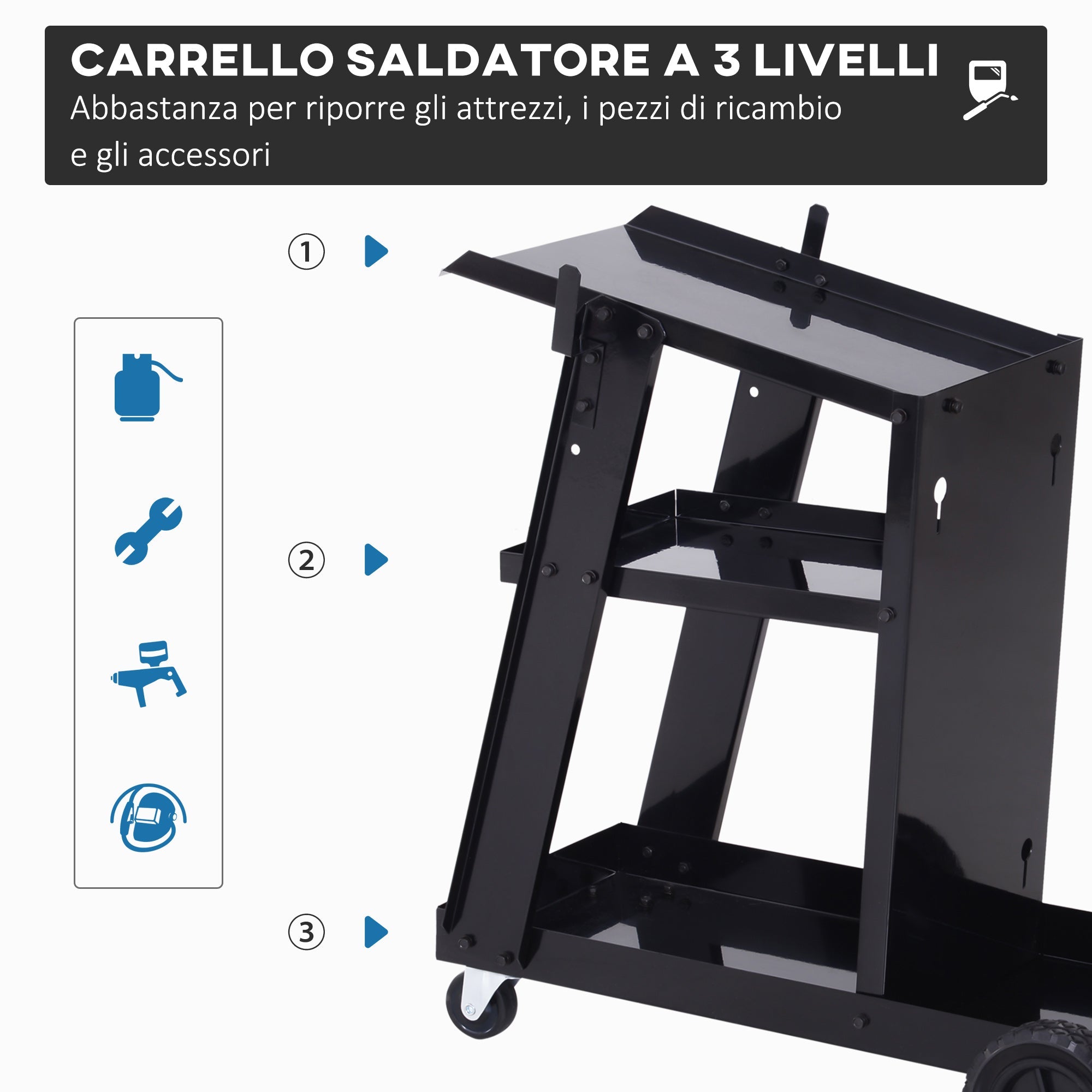 EASYCOMFORT Tool Trolley 3 Shelves 4 Rubber Wheels Max. 50kg Workshop Steel 71 x 70 x 39cm Black