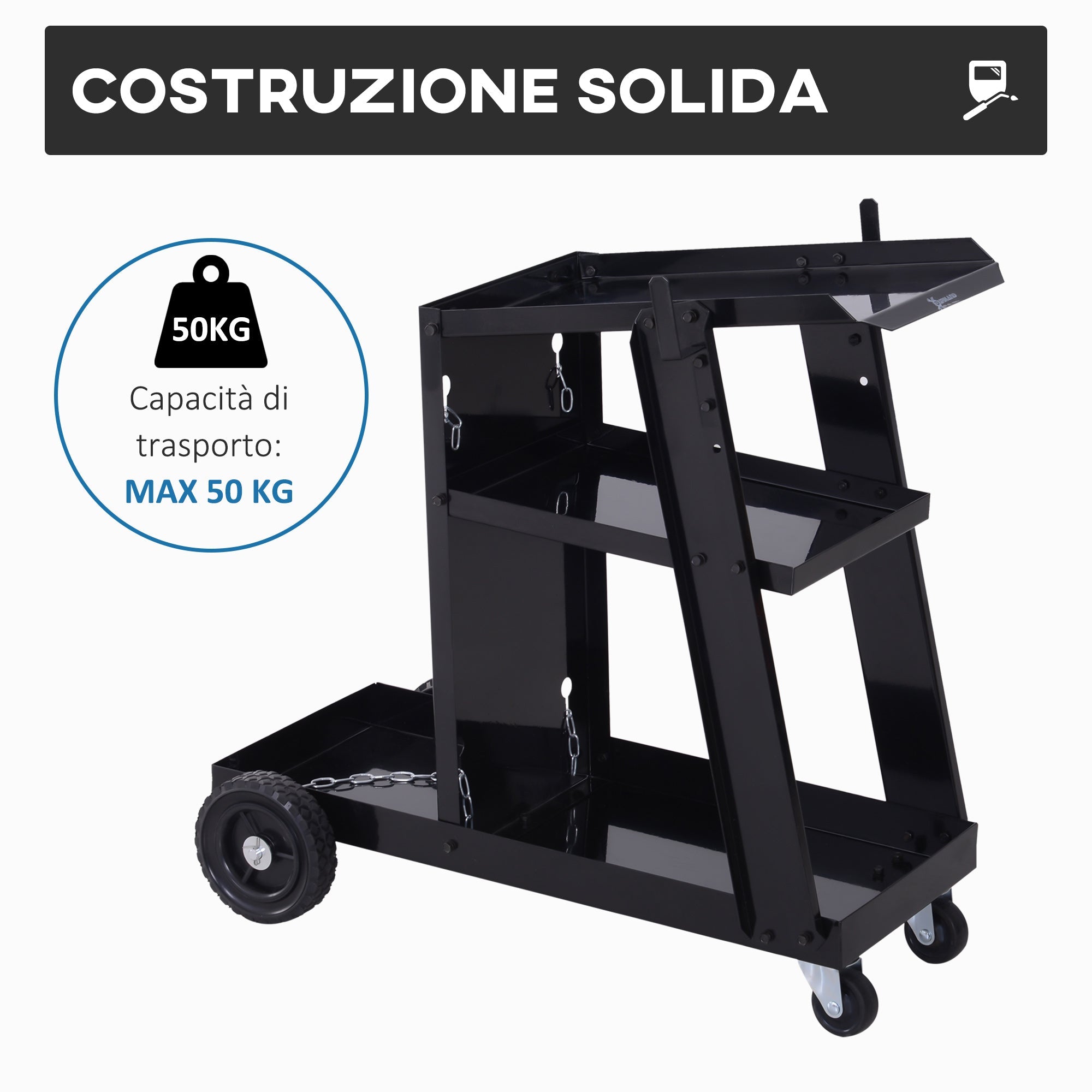 EASYCOMFORT Tool Trolley 3 Shelves 4 Rubber Wheels Max. 50kg Workshop Steel 71 x 70 x 39cm Black