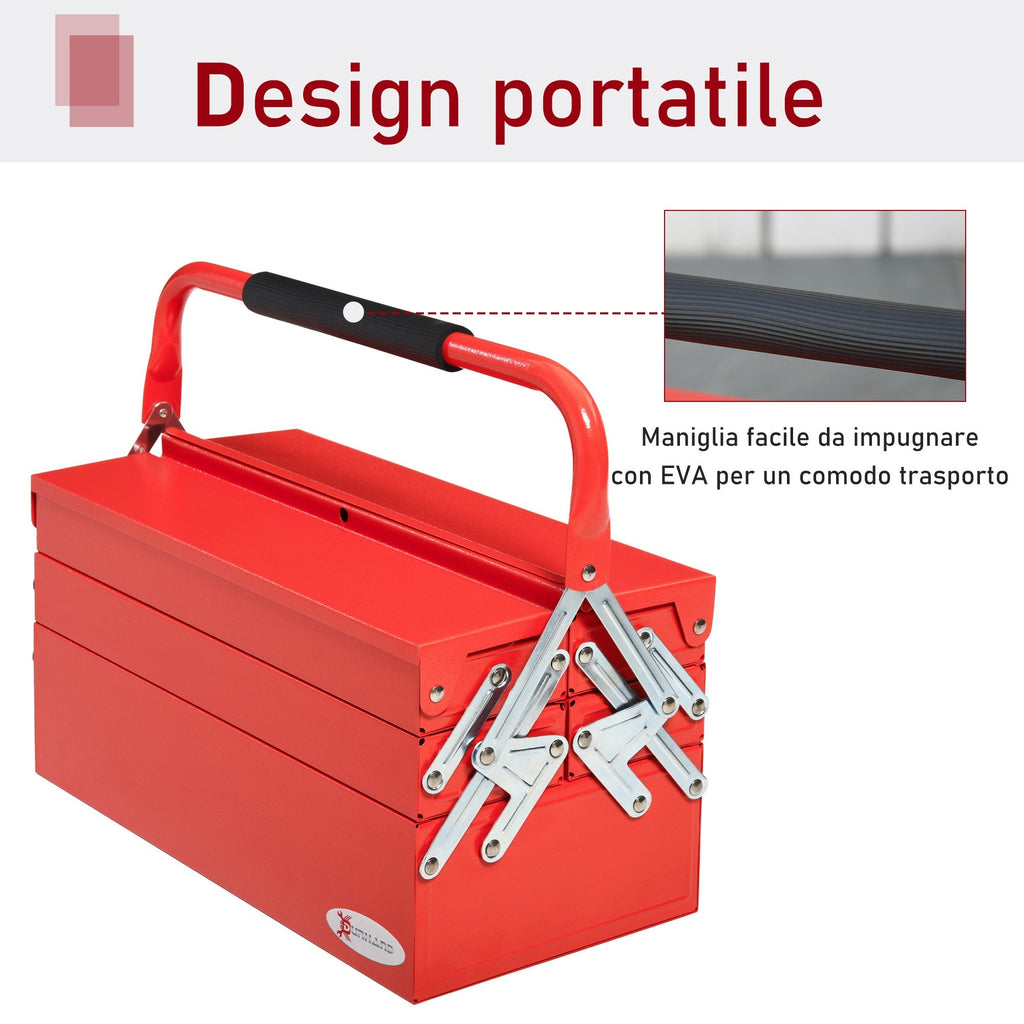 EASYCOMFORT Foldable Metal Tool Box with 5 Trays, 3 Shelves, Red
