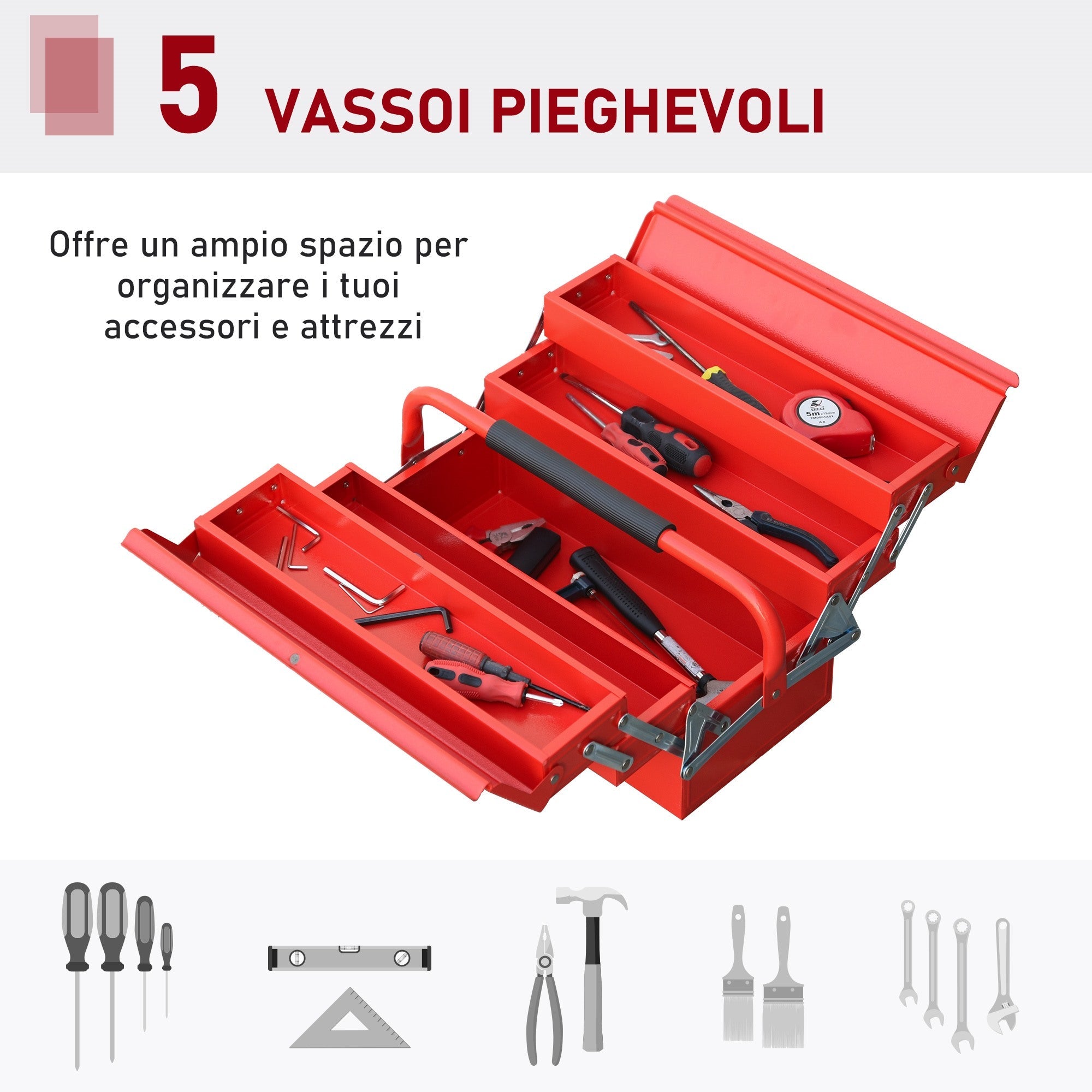 EASYCOMFORT Foldable Metal Tool Box with 5 Trays, 3 Shelves, Red