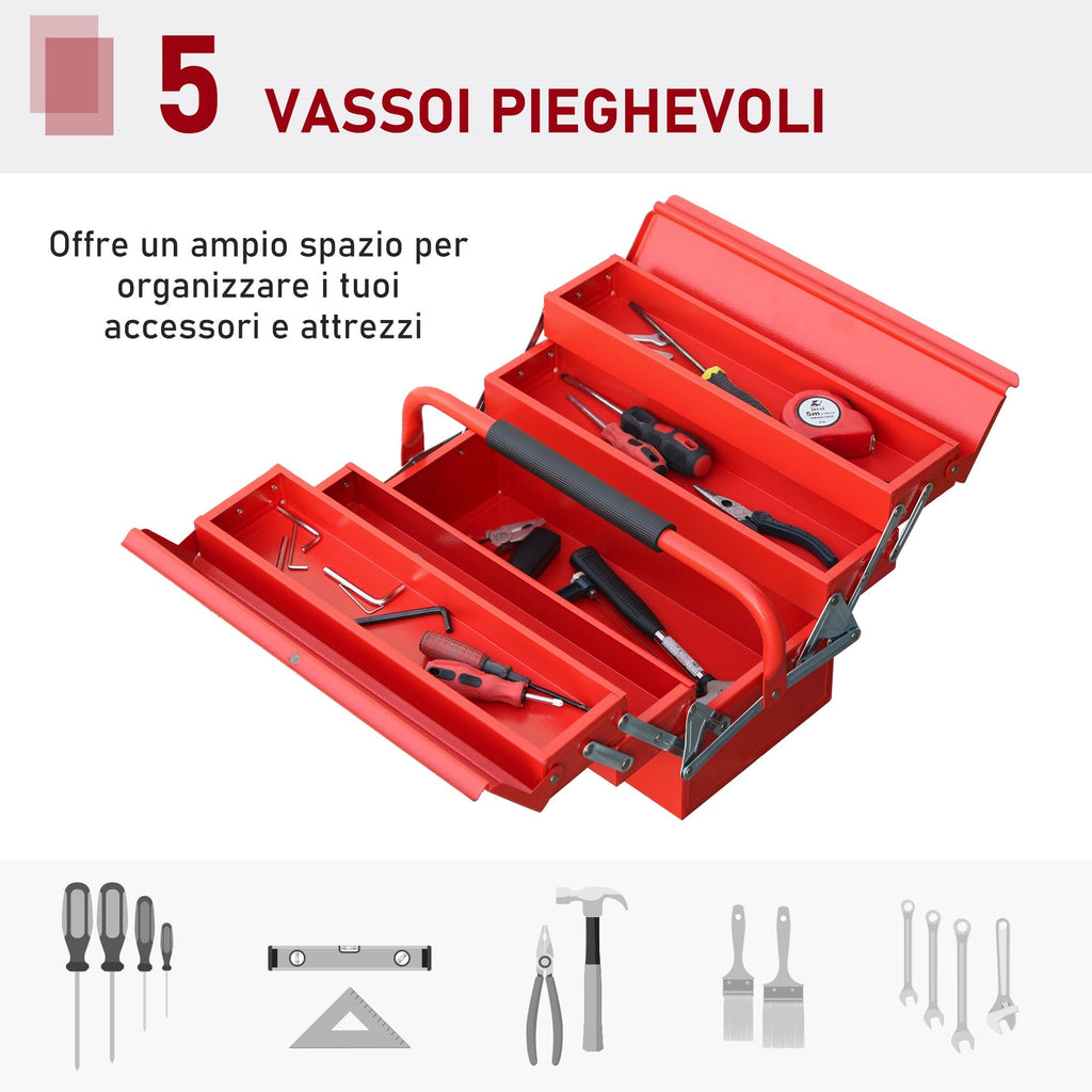 EASYCOMFORT Foldable Metal Tool Box with 5 Trays, 3 Shelves, Red