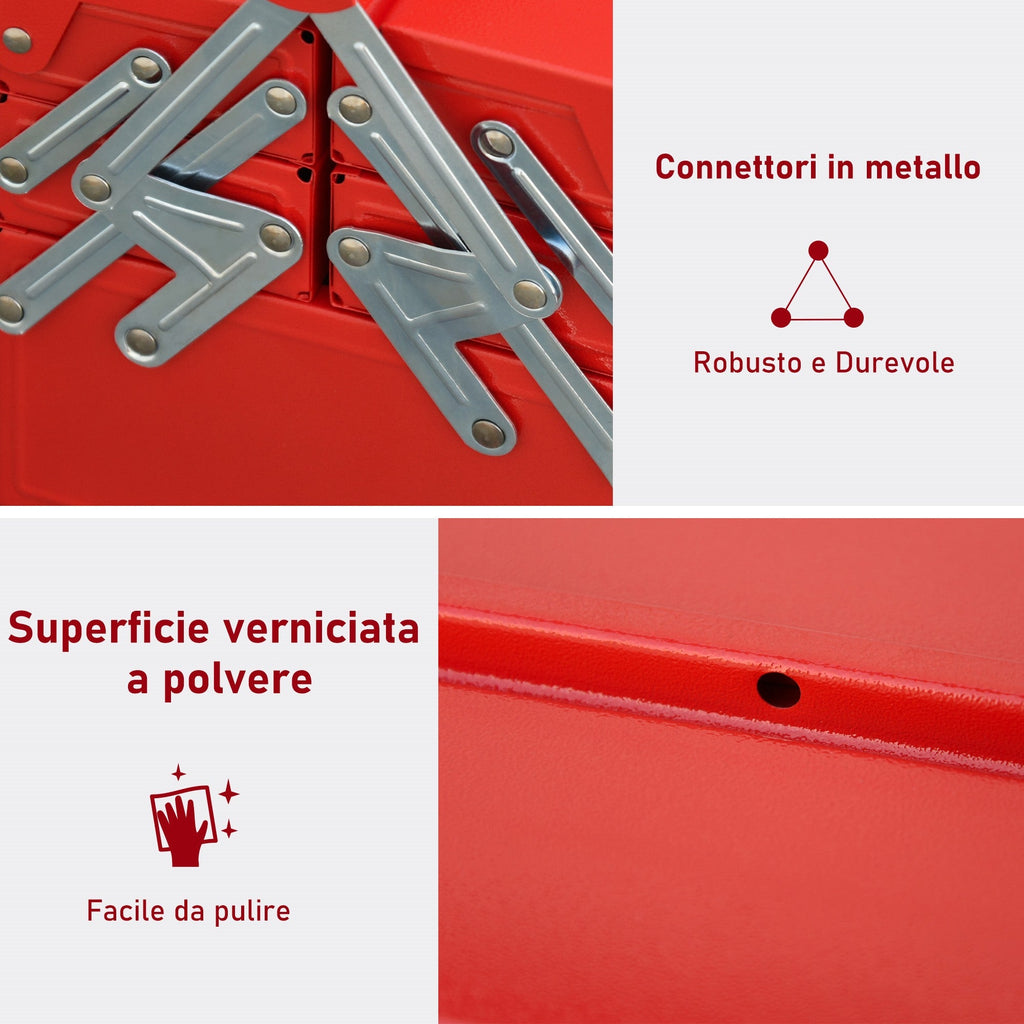 EASYCOMFORT Foldable Metal Tool Box with 5 Trays, 3 Shelves, Red
