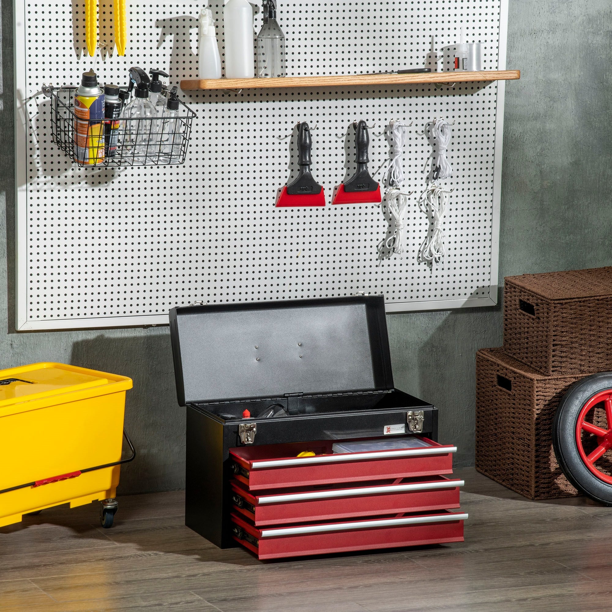 EASYCOMFORT Steel Tool Box with 3 Drawers and Upper Tray, 51x22x32 cm, Red and Black