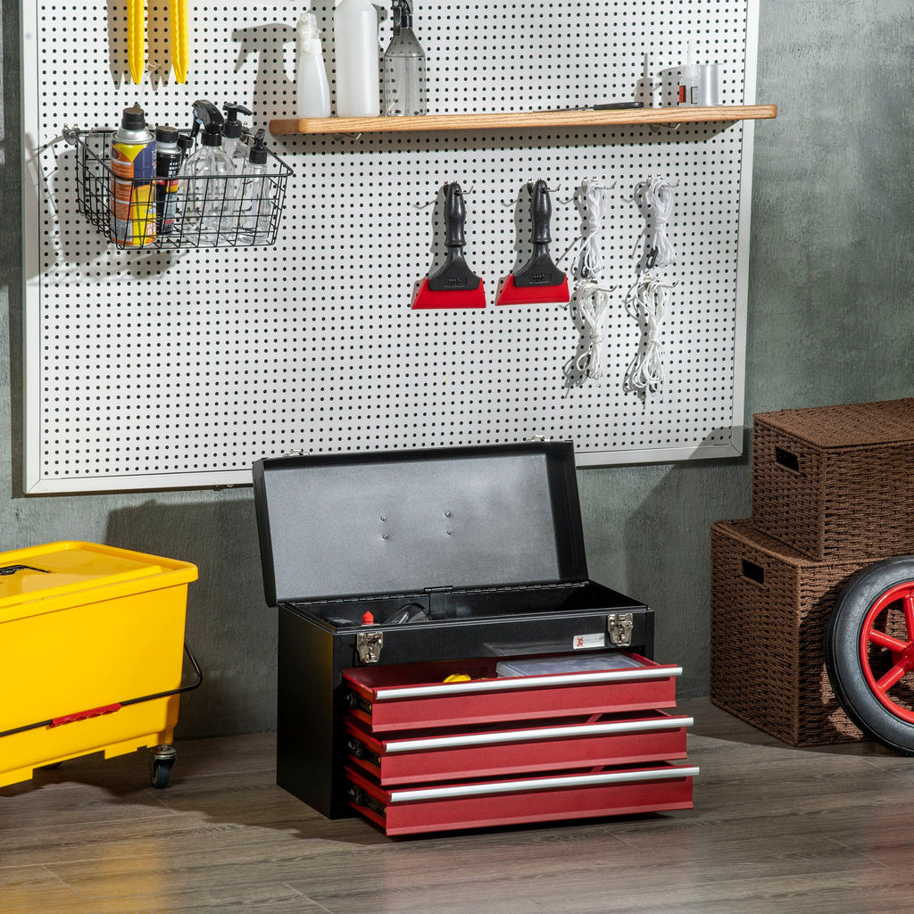 EASYCOMFORT Steel Tool Box with 3 Drawers and Upper Tray, 51x22x32 cm, Red and Black
