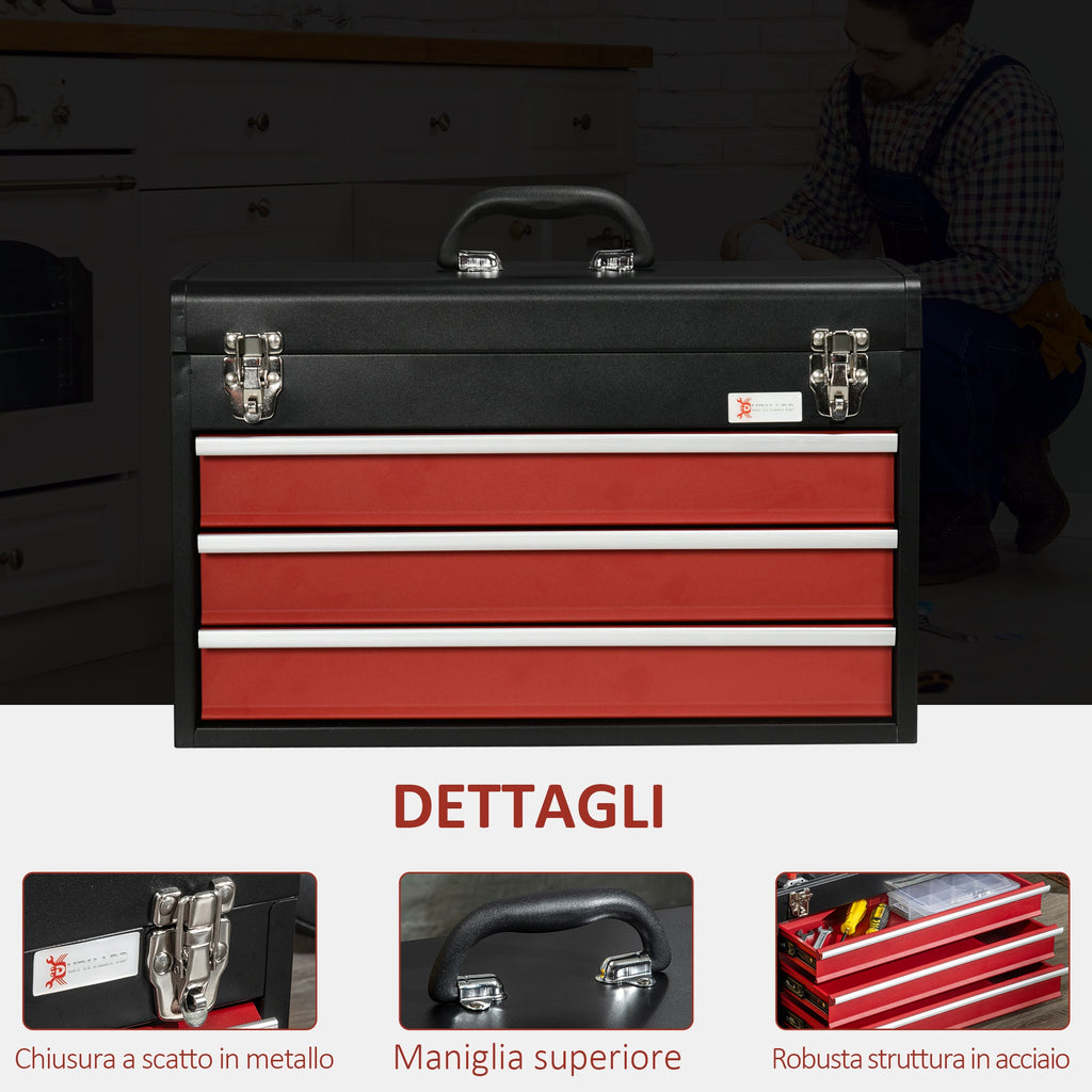 EASYCOMFORT Steel Tool Box with 3 Drawers and Upper Tray, 51x22x32 cm, Red and Black