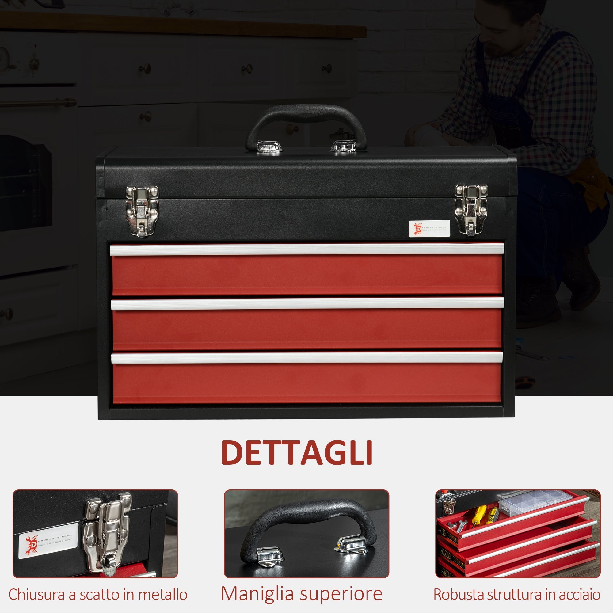 EASYCOMFORT Steel Tool Box with 3 Drawers and Upper Tray, 51x22x32 cm, Red and Black
