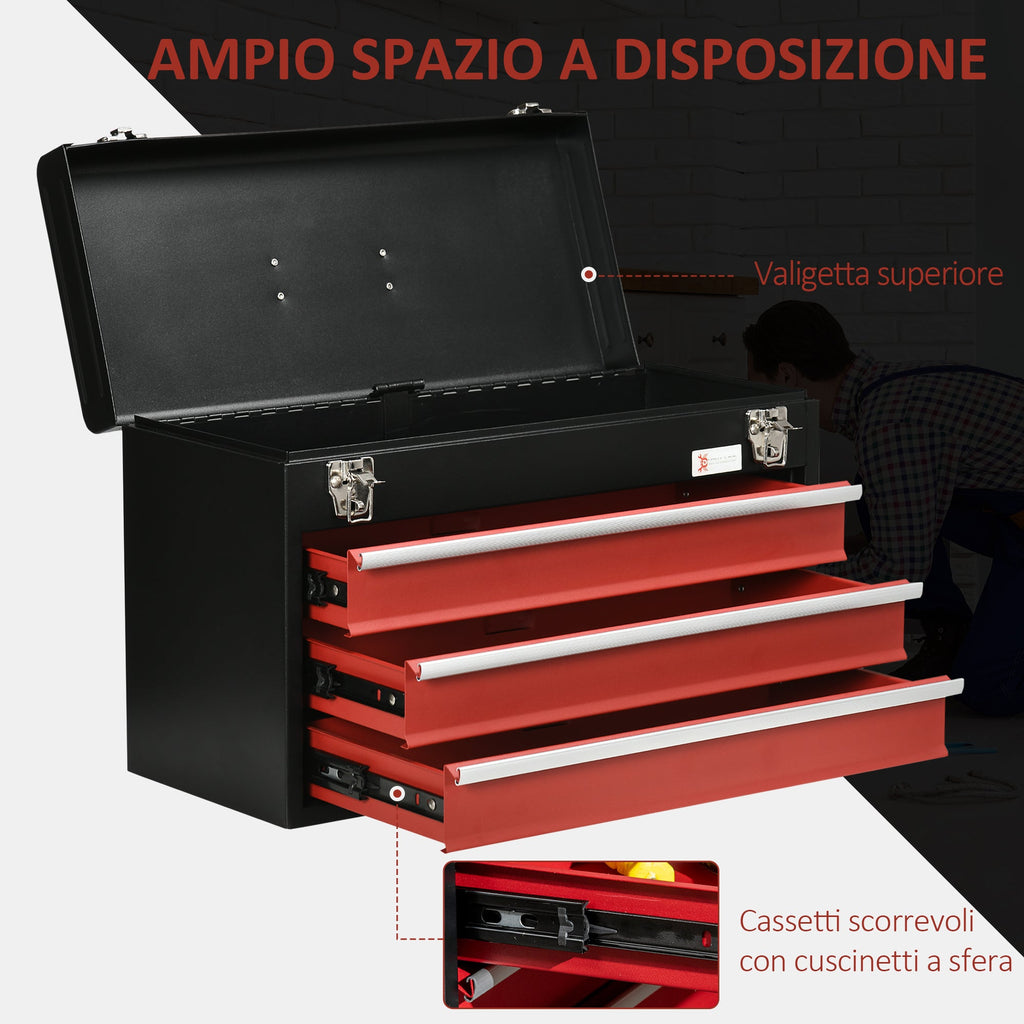 EASYCOMFORT Steel Tool Box with 3 Drawers and Upper Tray, 51x22x32 cm, Red and Black