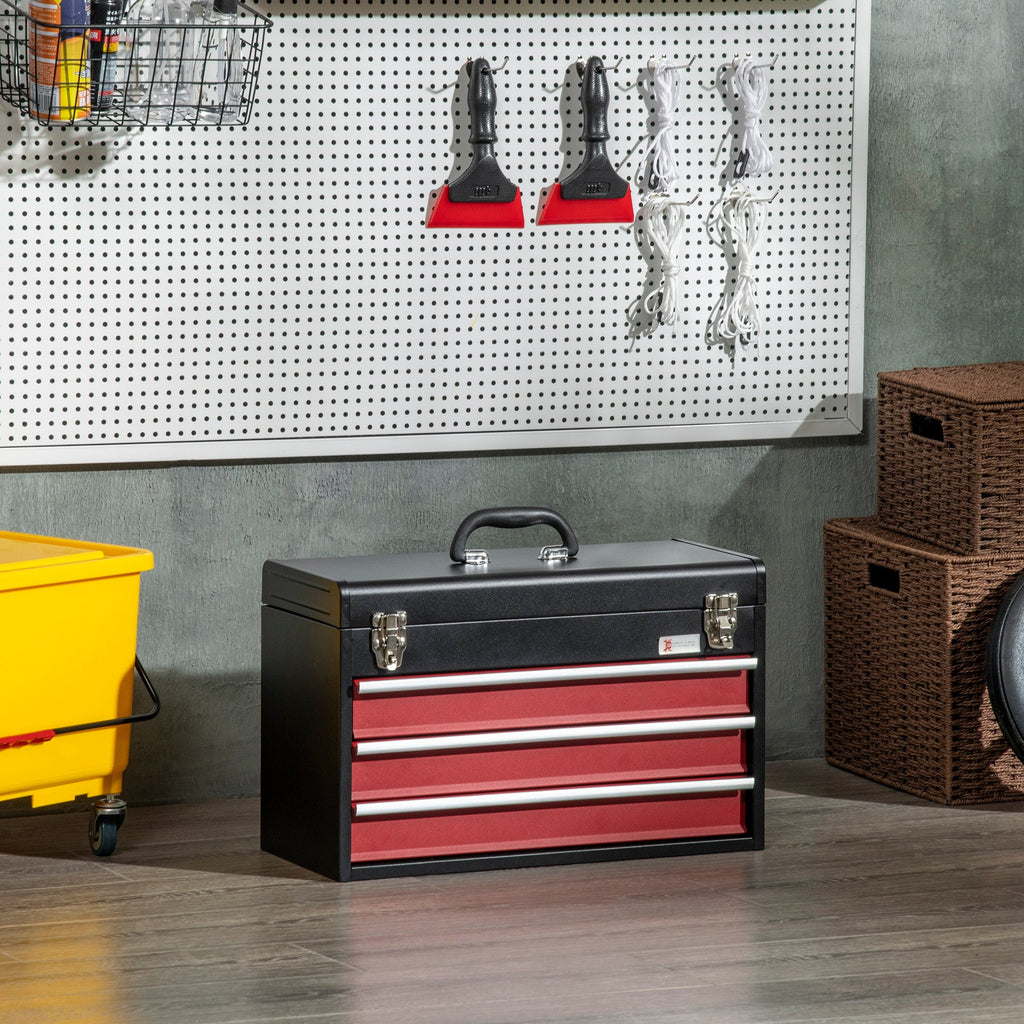 EASYCOMFORT Steel Tool Box with 3 Drawers and Upper Tray, 51x22x32 cm, Red and Black
