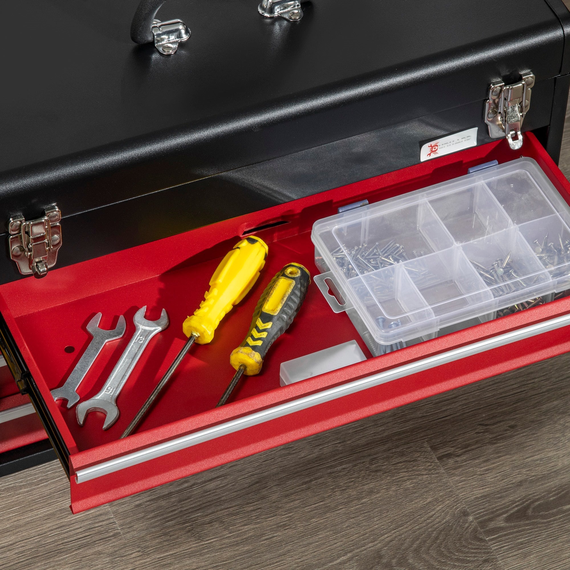 EASYCOMFORT Steel Tool Box with 3 Drawers and Upper Tray, 51x22x32 cm, Red and Black