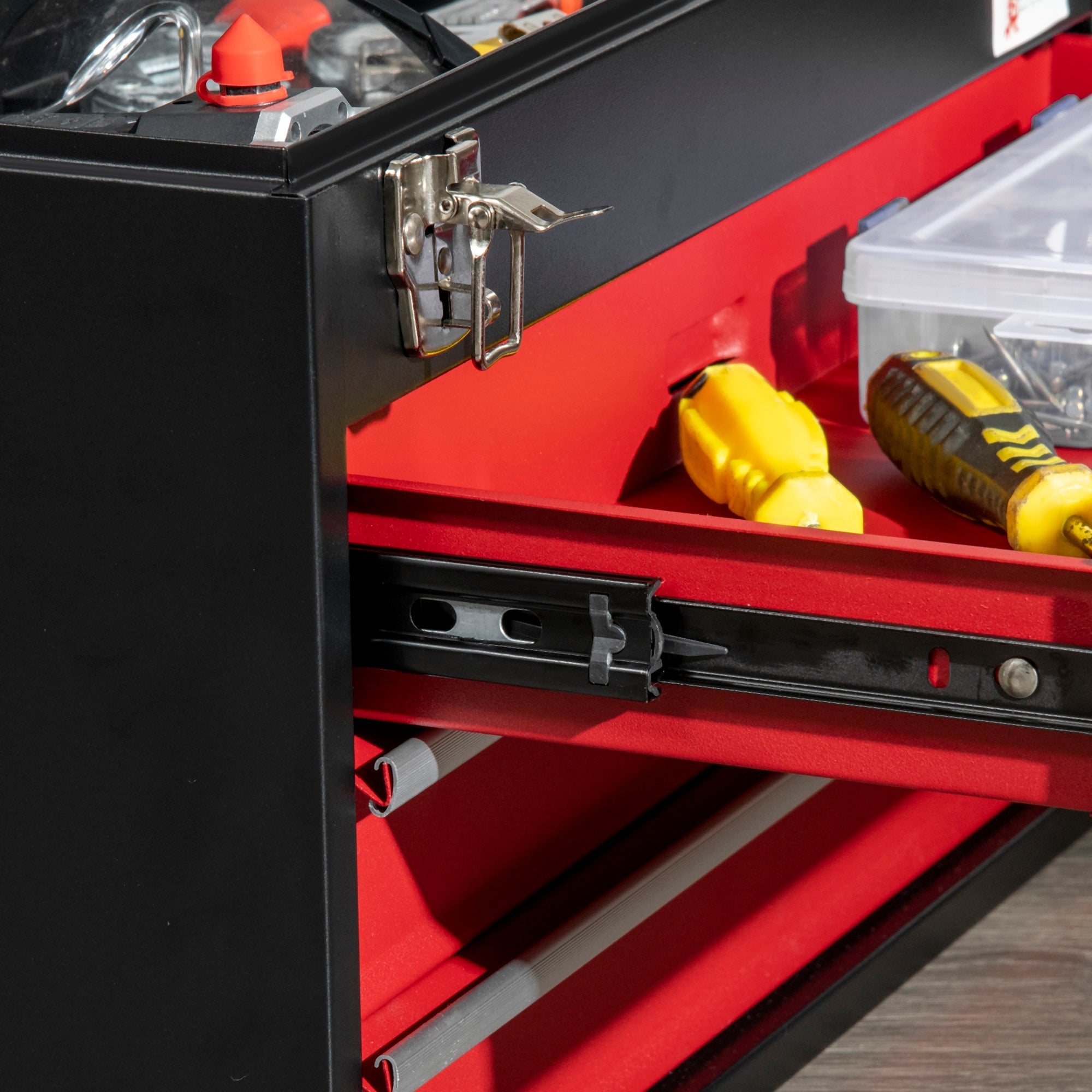 EASYCOMFORT Steel Tool Box with 3 Drawers and Upper Tray, 51x22x32 cm, Red and Black