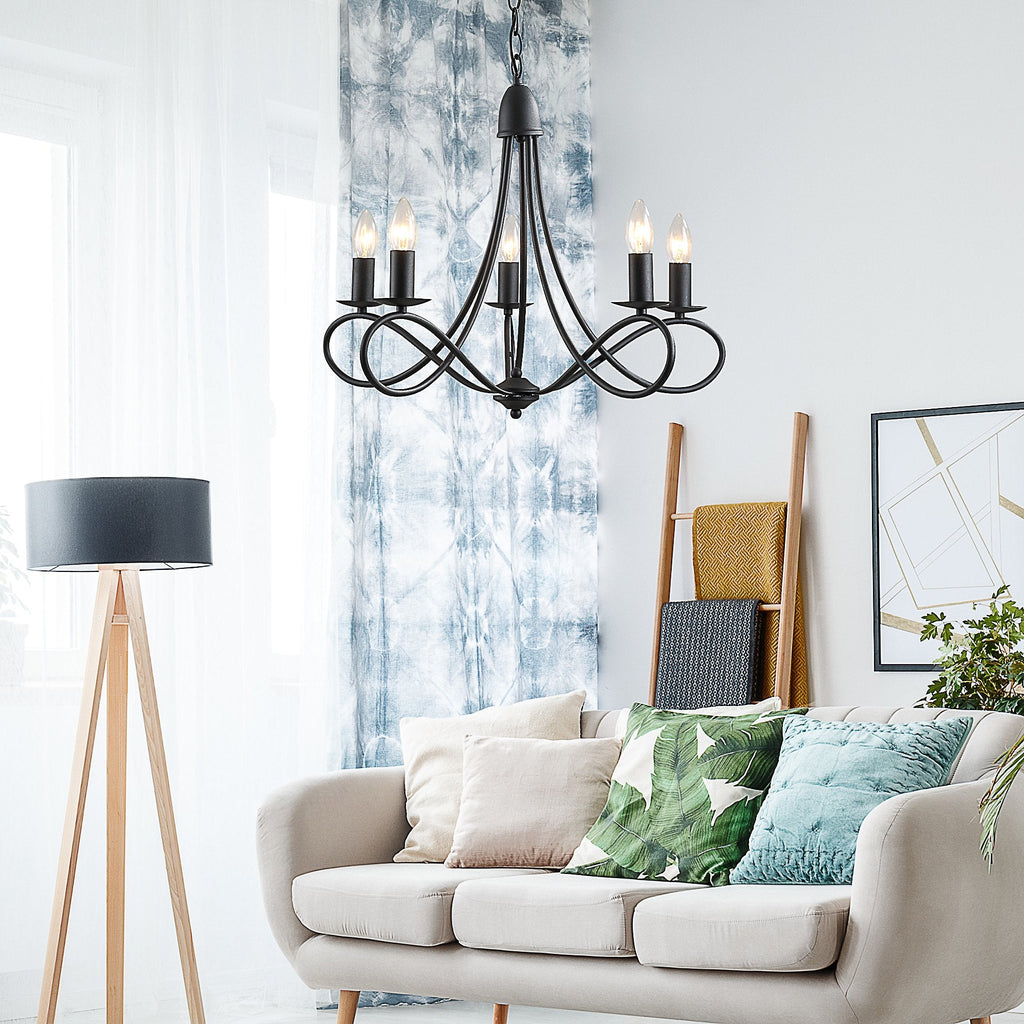 Easycomfort Lampadario a Soffitto Stile Rustico, Acciaio Intrecciato black with 5 Candelieri Regolabili e Pieghevoli ?58 x 45cm